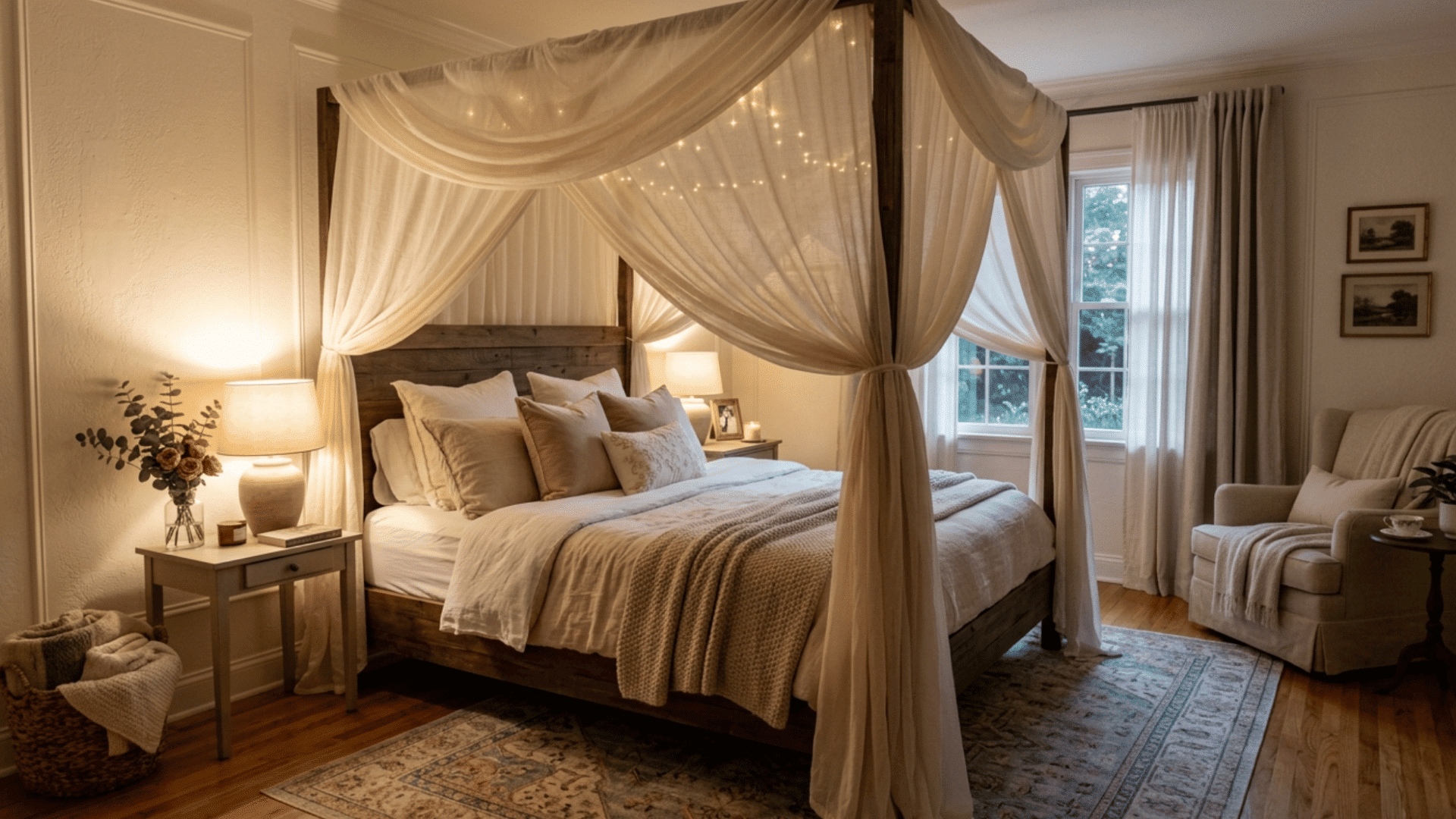 cozy guest bedroom with canopy bed, flowing fabric drapes, warm lighting, and soft layered neutral textures.