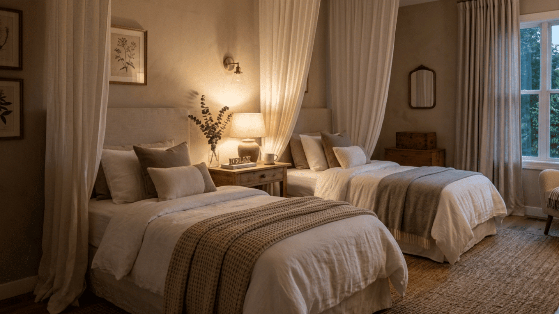 cozy guest bedroom with draped curtains, soft layered bedding, warm lighting, and private relaxing atmosphere.