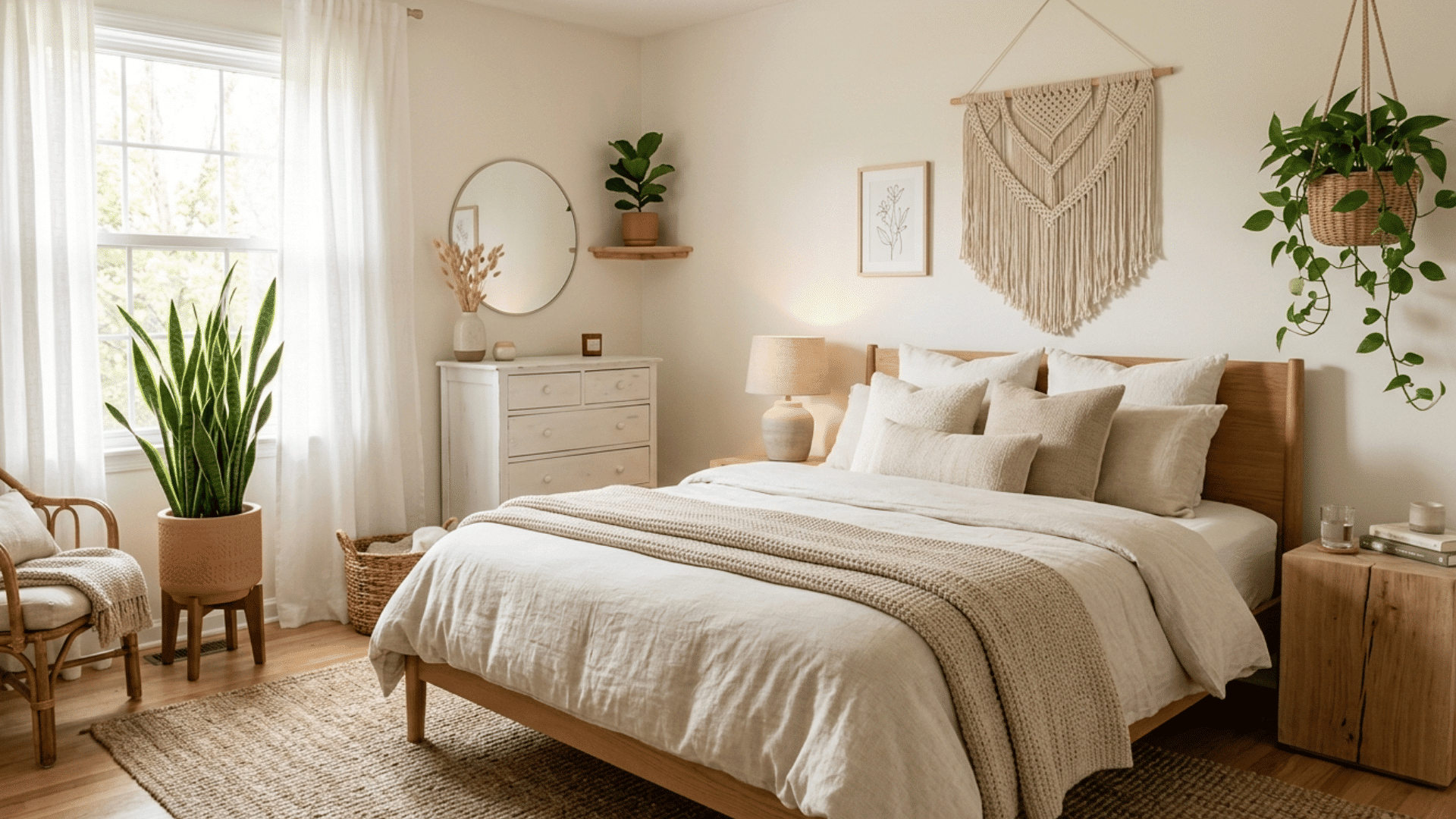 cozy guest bedroom with indoor plants, natural textures, warm wood furniture, and soft calming daylight.