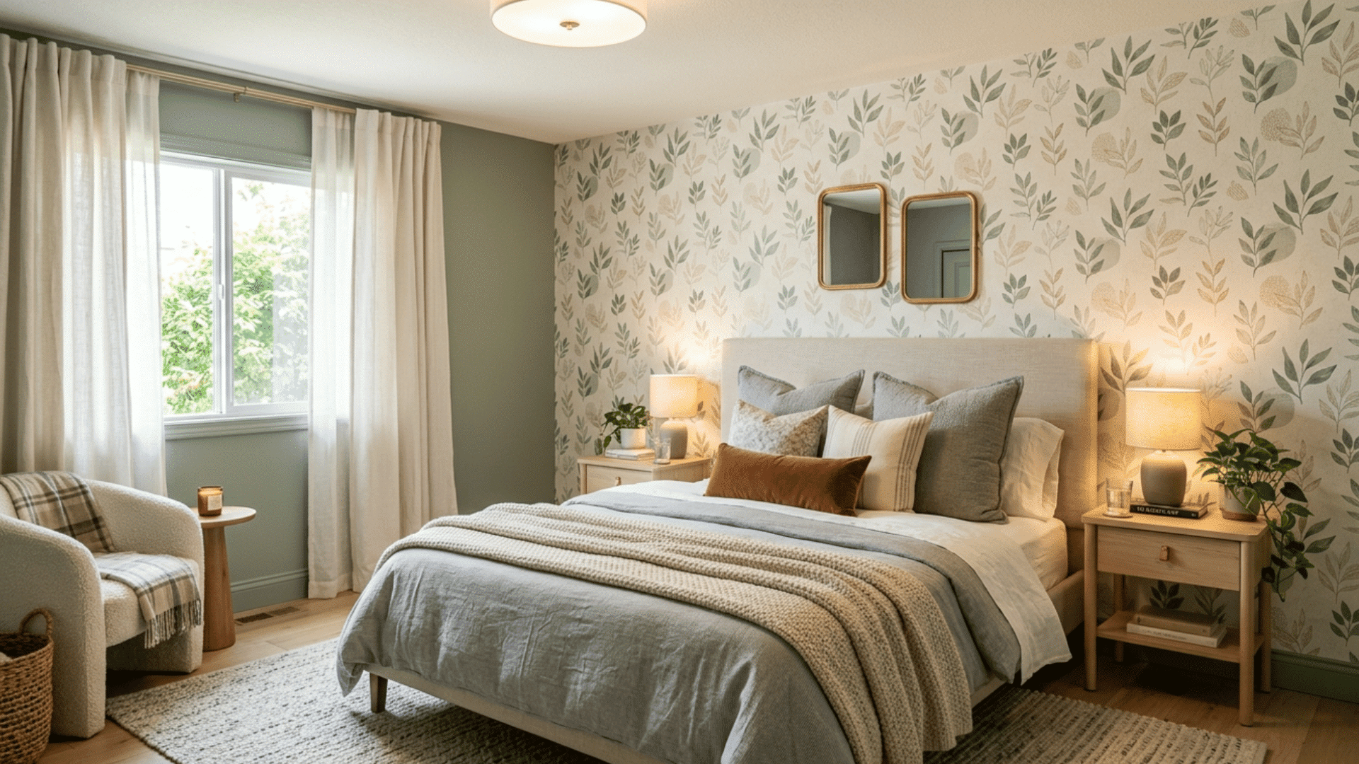 cozy guest bedroom with peel-and-stick floral wallpaper, soft bedding, warm lighting, and charming neutral decor.