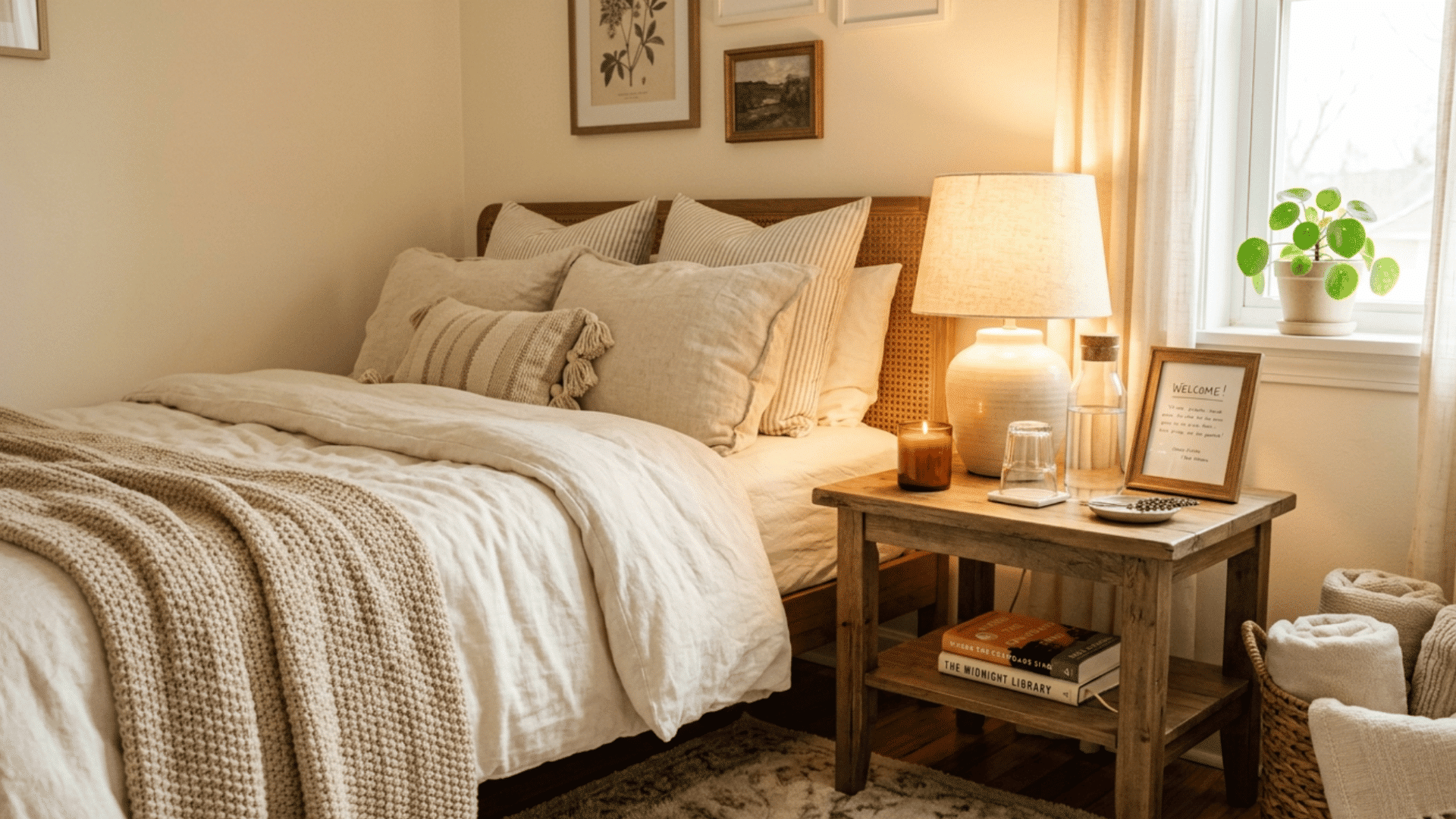 cozy guest bedroom with small nightstand setup, warm lamp lighting, layered bedding, and simple decor accents.