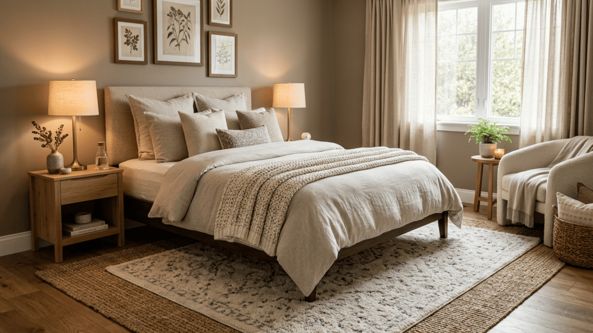 cozy guest bedroom with soft area rug, layered bedding, warm lighting, and calming neutral interior design.