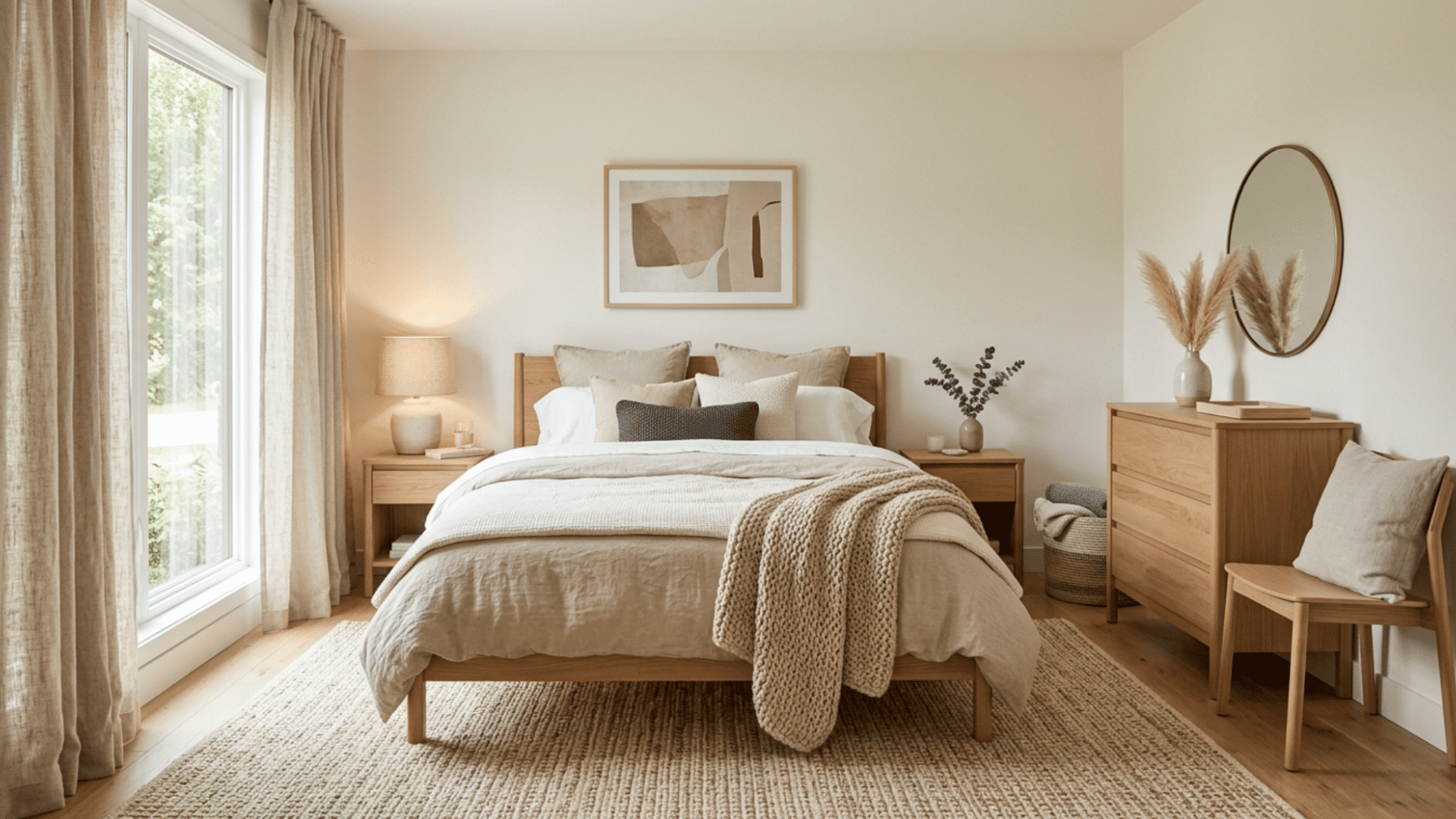 cozy guest bedroom with soft neutral colors, layered bedding, warm wood accents, and calming natural light.