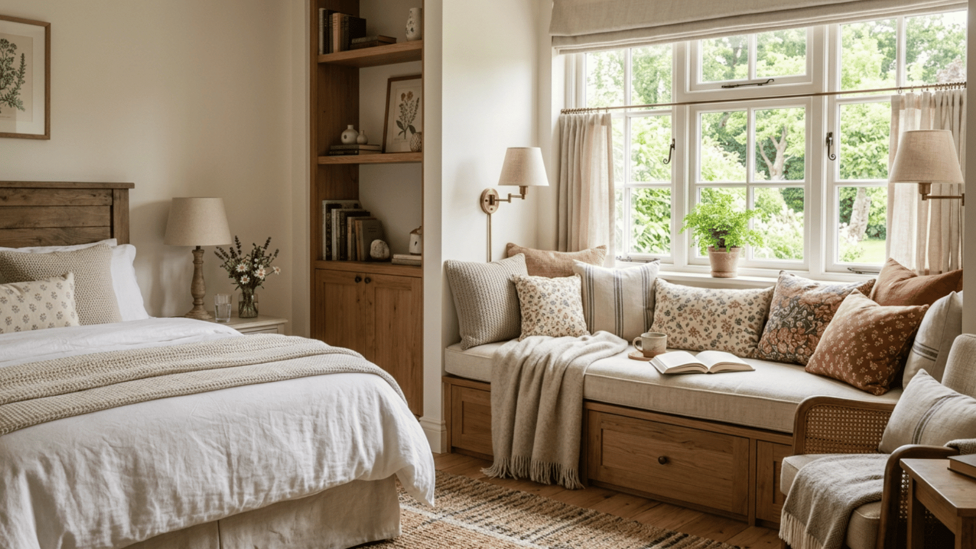 cozy guest bedroom with window seat, soft cushions, warm natural lighting, and inviting neutral decor details.