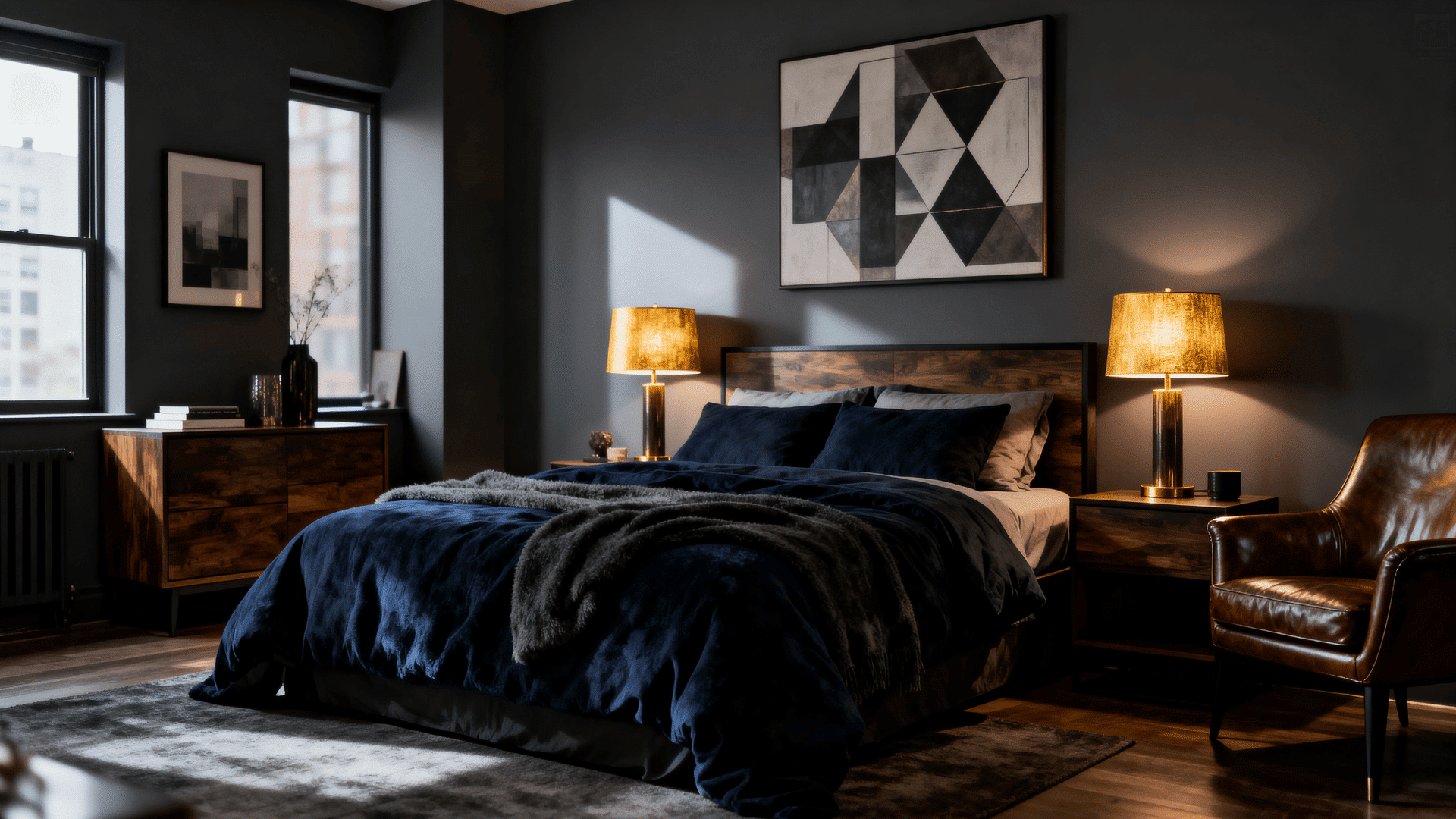 dark moody men’s bedroom with navy bedding, warm lamps, wood furniture, and cozy modern decor setup.