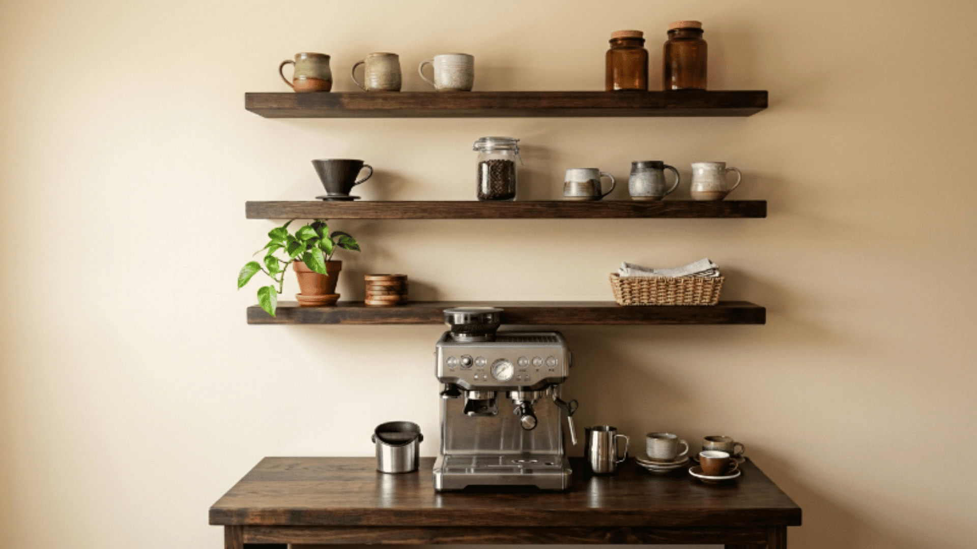 dark wood espresso bar with floating shelves mugs jars and coffee accessories