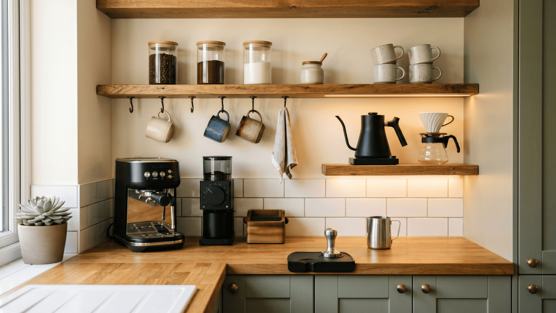 diy coffee bar station with mugs jars and coffee setup in a cozy corner