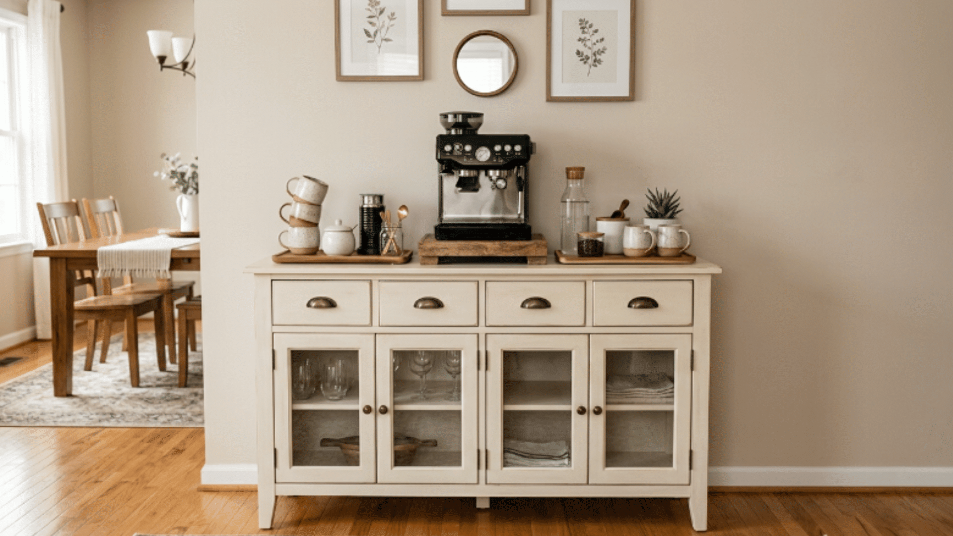 diy sideboard coffee bar with mugs trays jars and coffee machine in dining room