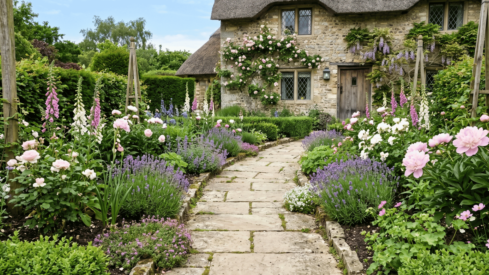 english cottage flower border garden with soft blooms and stone pathway in daylight