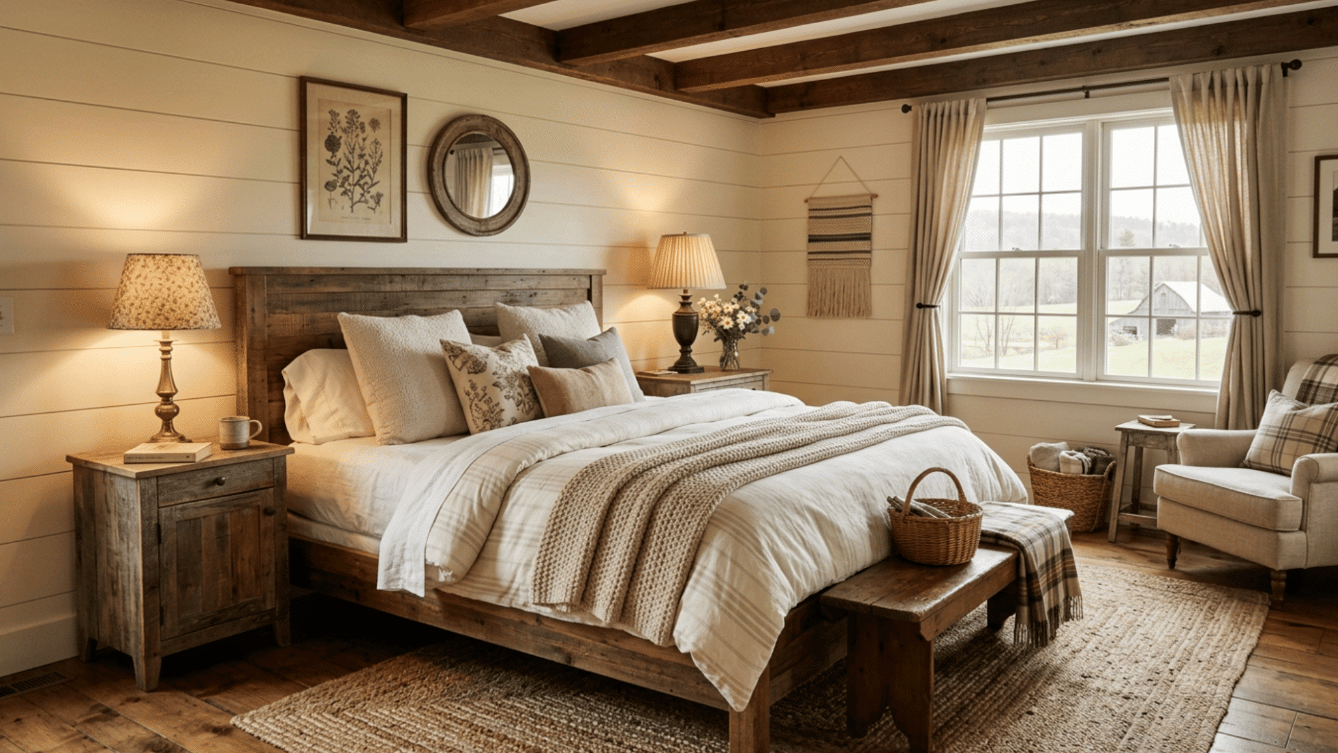 farmhouse guest bedroom with rustic wood accents, cozy layered bedding, warm lighting, and vintage decor details.