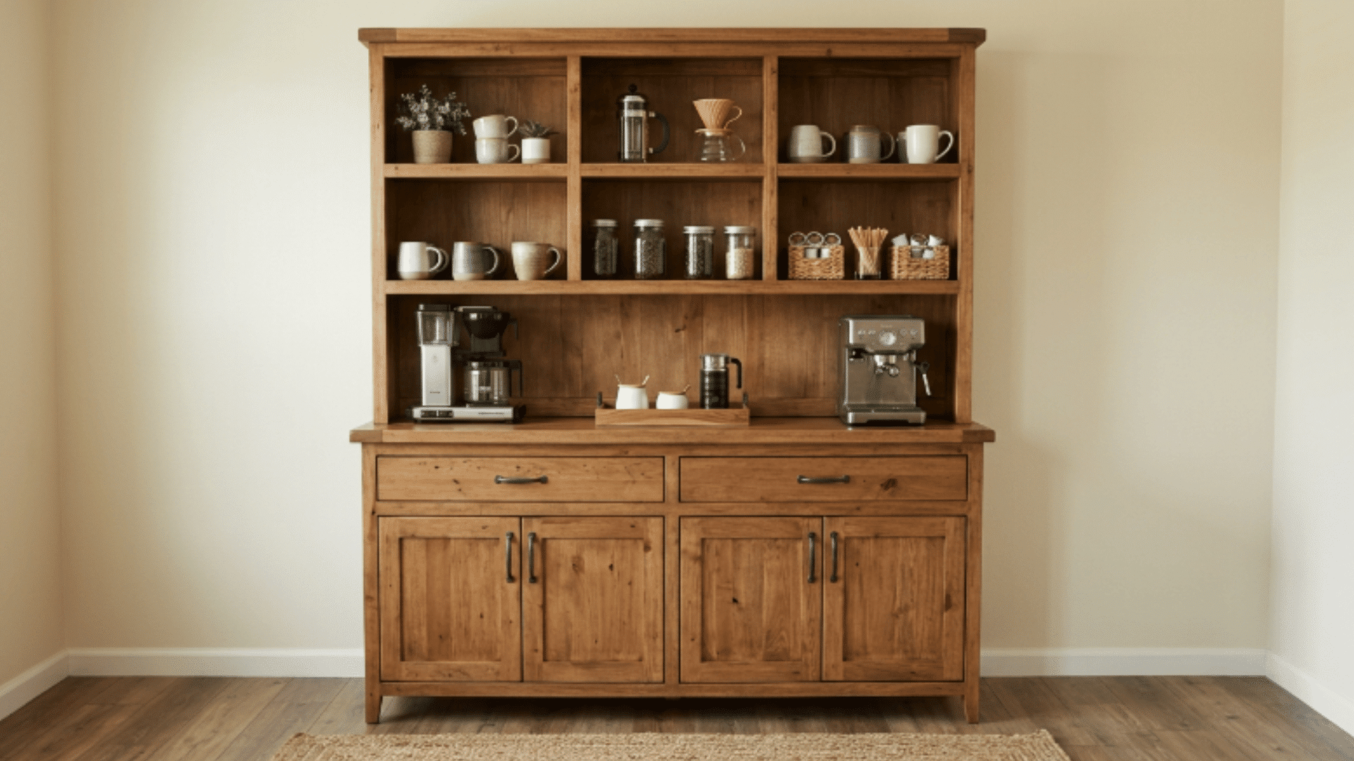 farmhouse hutch coffee bar with rustic shelves mugs jars and coffee machine