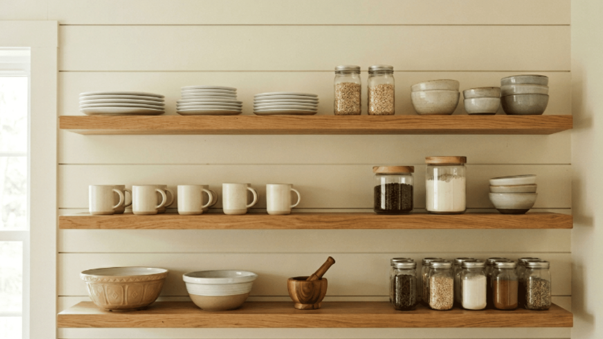 farmhouse kitchen shelves with wooden open storage and neutral dishware
