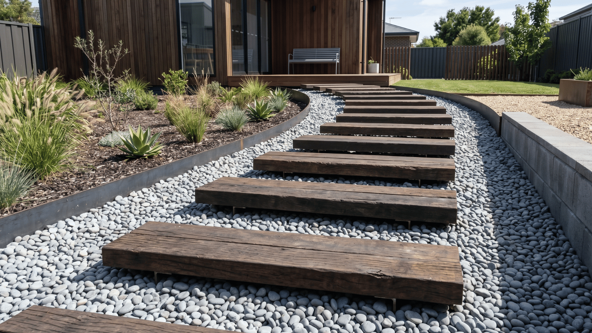 floating wood steps over pale pebbles in a modern backyard during daylight