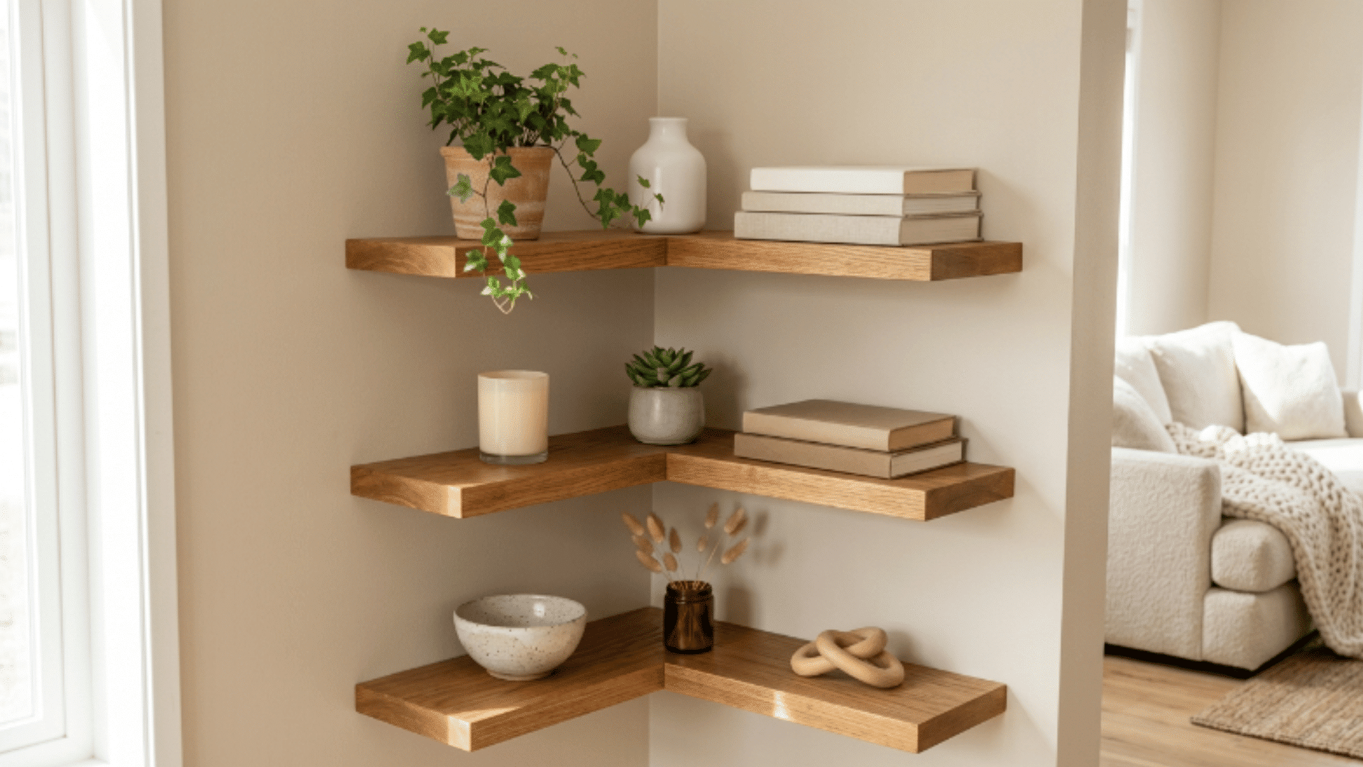 floating wooden corner shelves styled with plants books and neutral decor