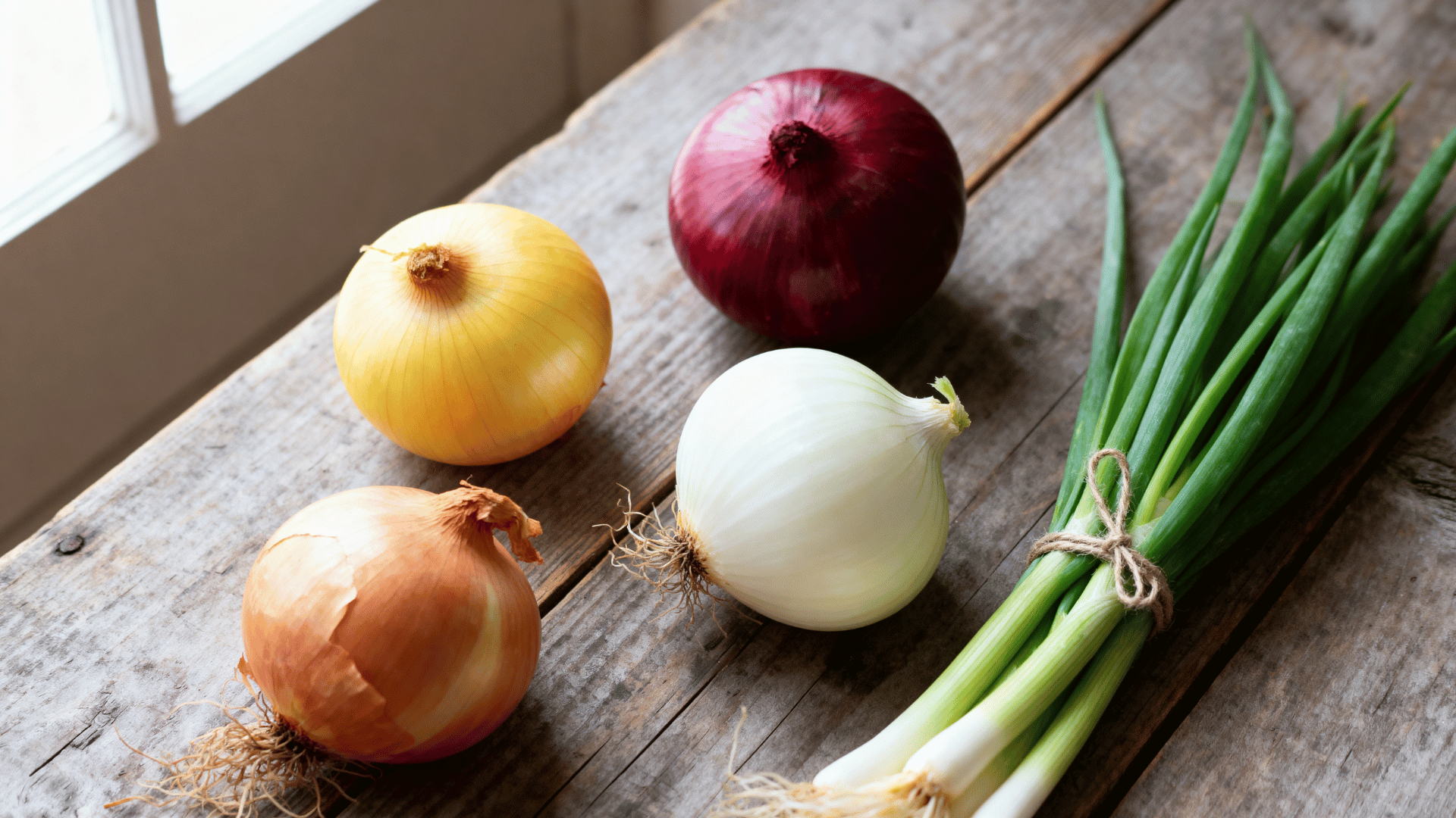 four onion varieties on a rustic wooden surface yellow, red, white, and sweet onions alongside a tied bundle of fresh scallions.