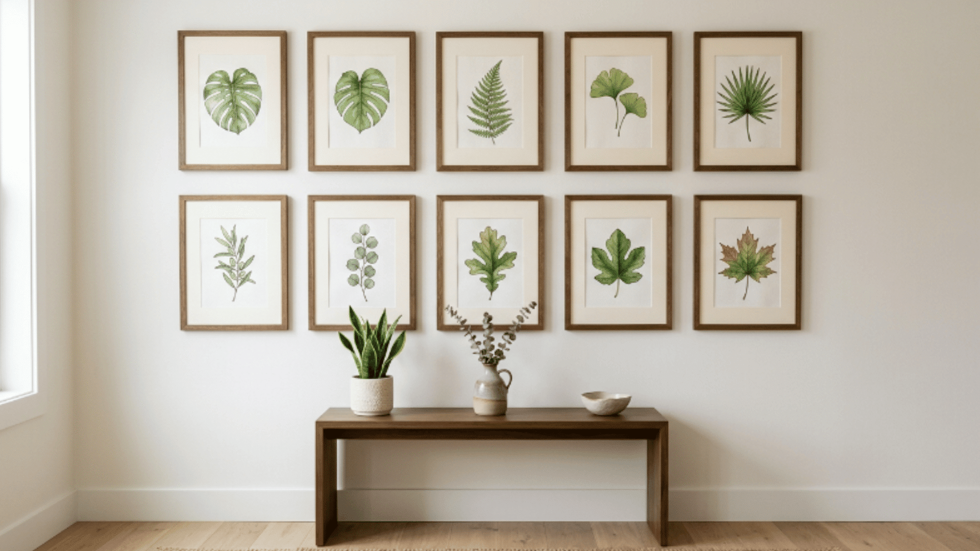 framed botanical prints arranged neatly on a neutral wall with soft natural decor