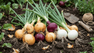 freshly harvested yellow red and white onions placed on garden soil with green stems and gardening tools nearby