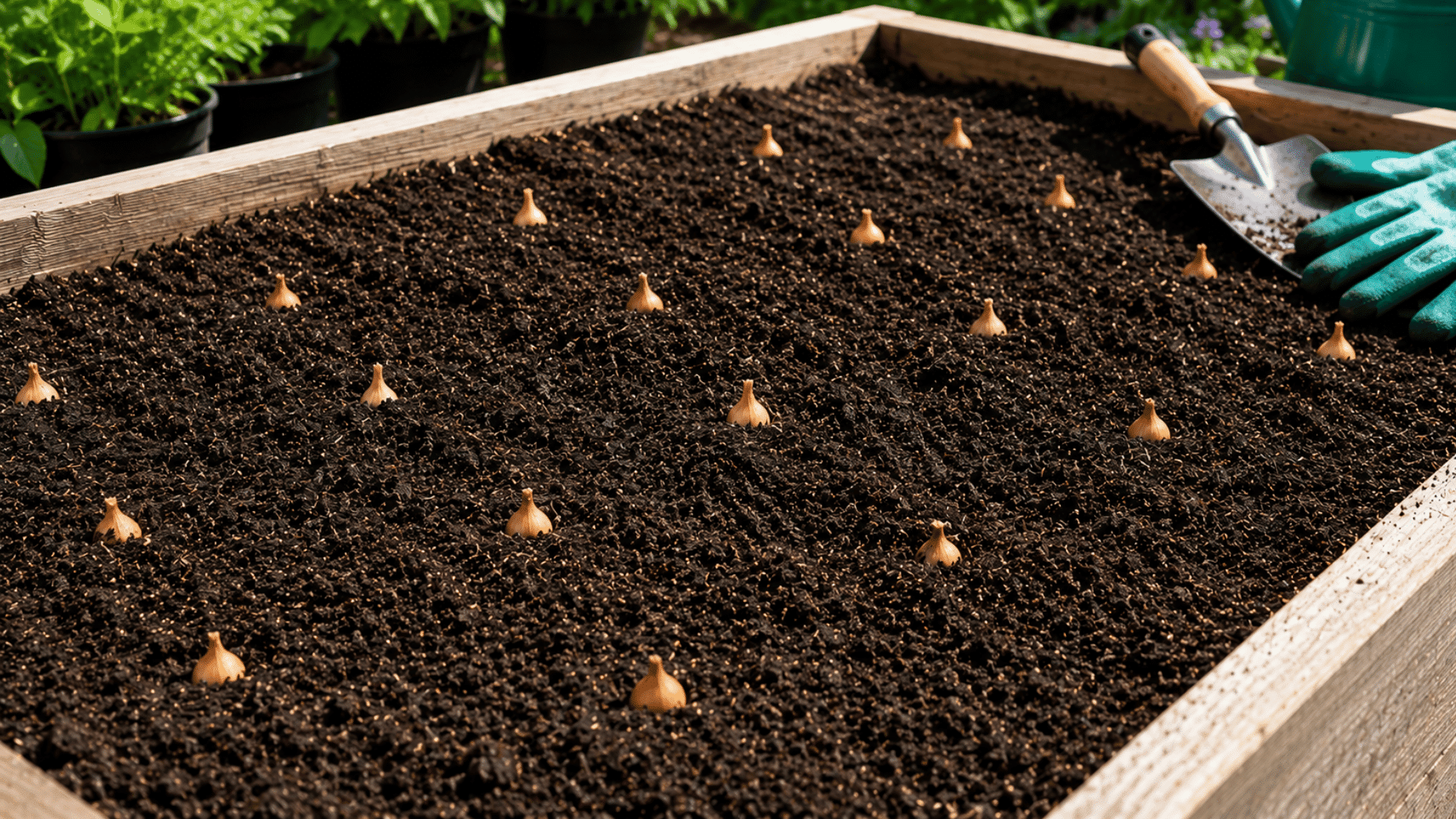 freshly planted onion buds placed at equal distance in the garden bed, with bright sunlight in the backyard