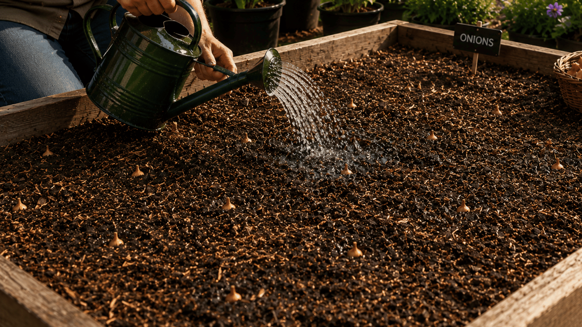 gardener gently watering freshly planted onion bulbs in mulched raised garden bed under sunlight