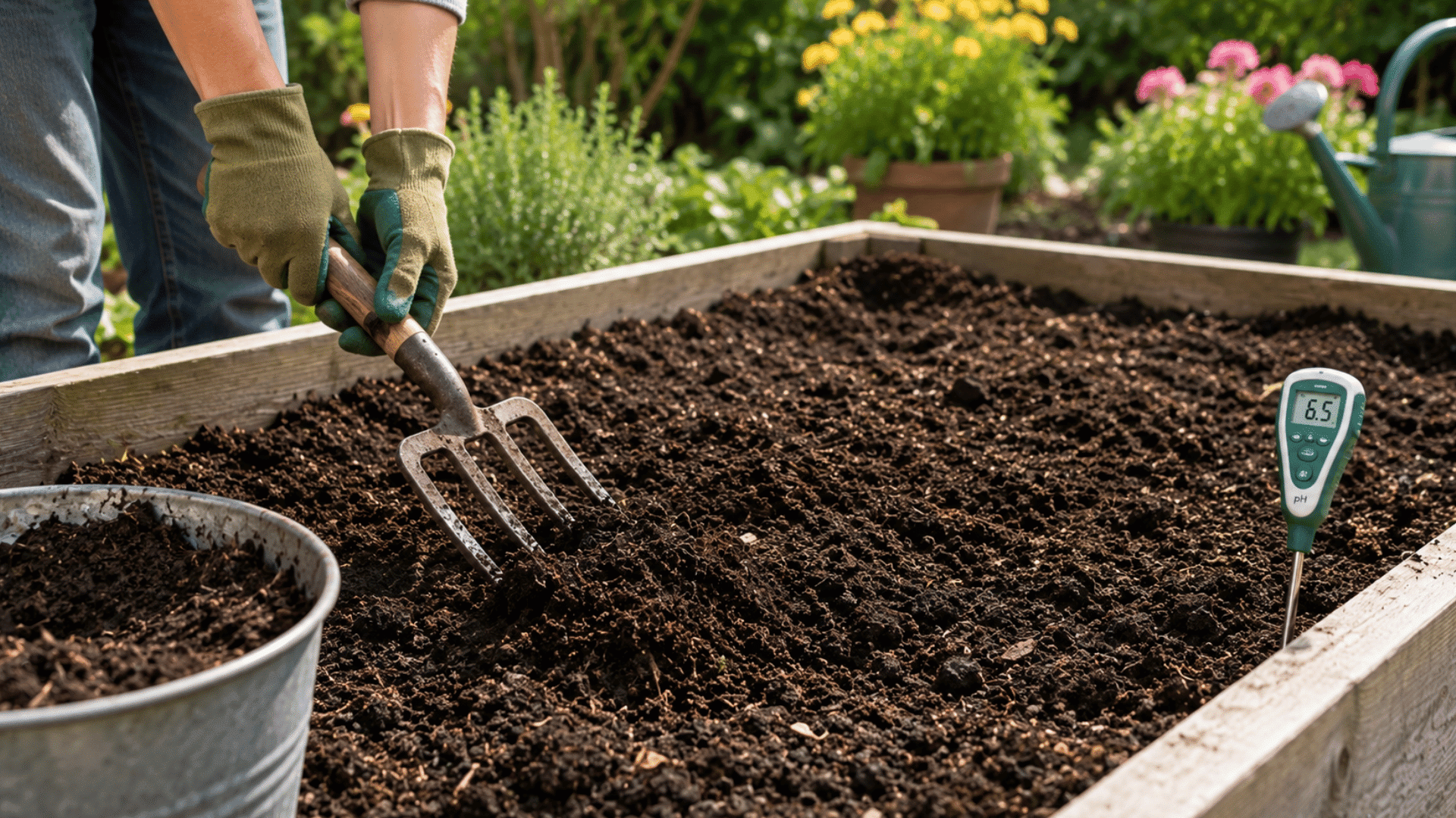 gardener loosening rich soil with garden fork and compost in raised bed for onion bulb planting