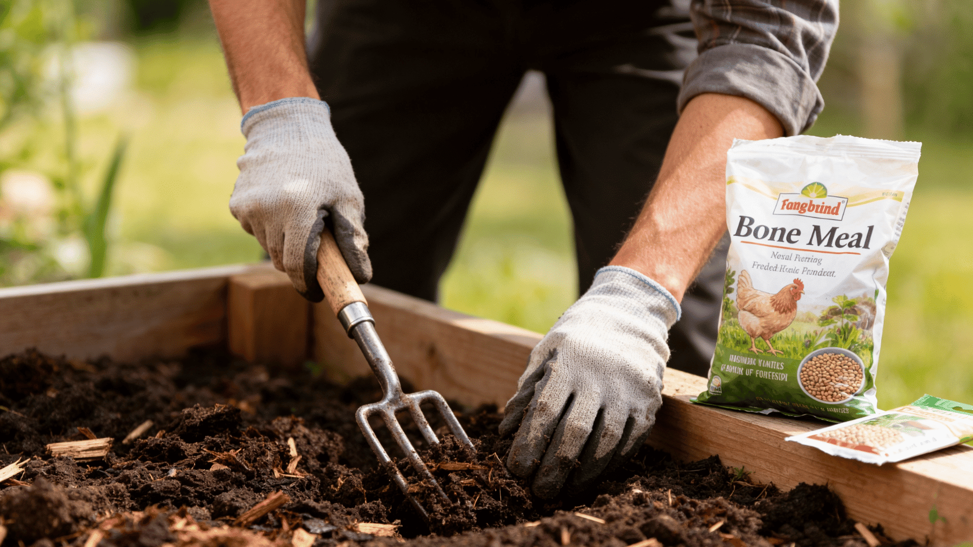 gloved hands using a hand fork to work dark soil in a raised wooden bed, with a bag of bone meal fertilizer resting on the edge