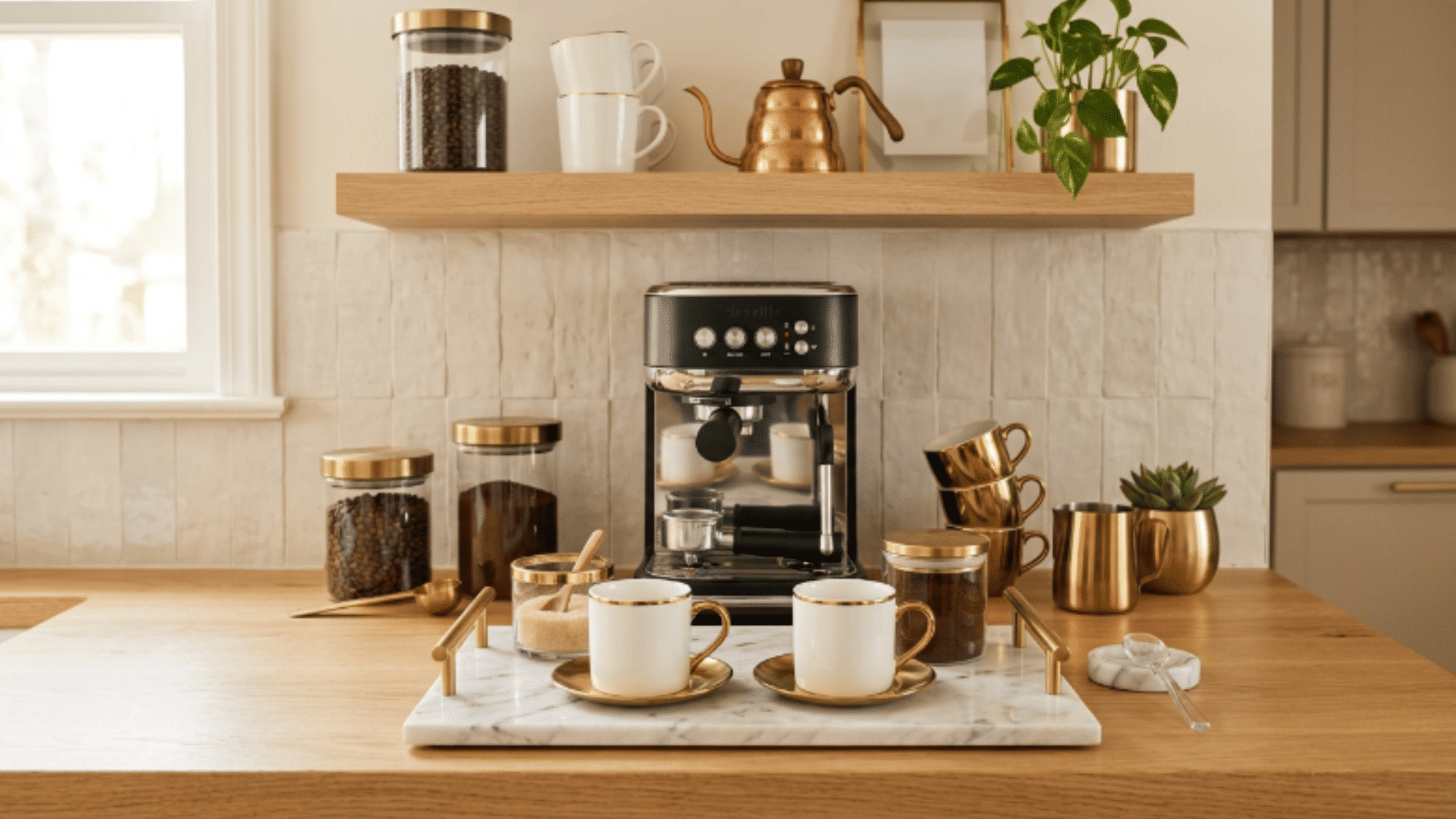 gold and marble diy coffee bar setup with tray coffee machine mugs and jars