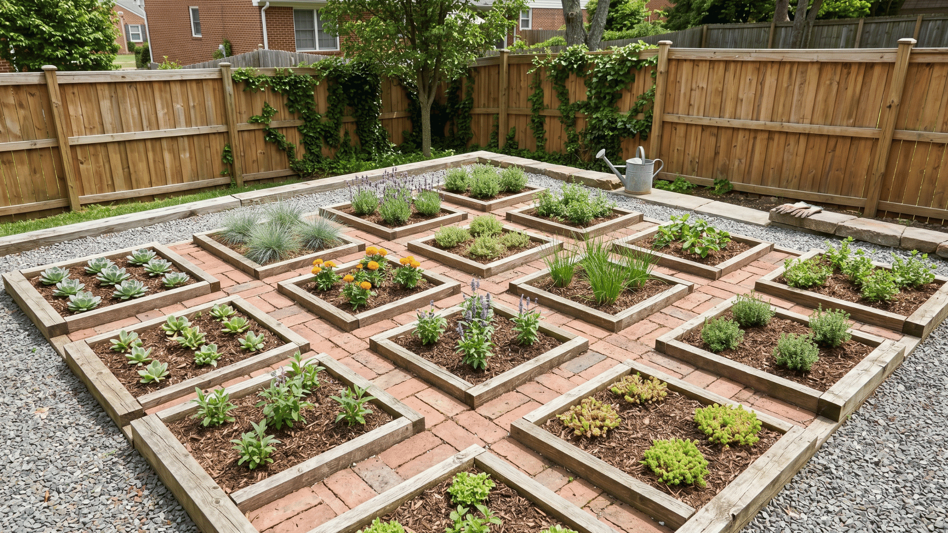 grid-style botanical bento garden with square planting sections in natural daylight