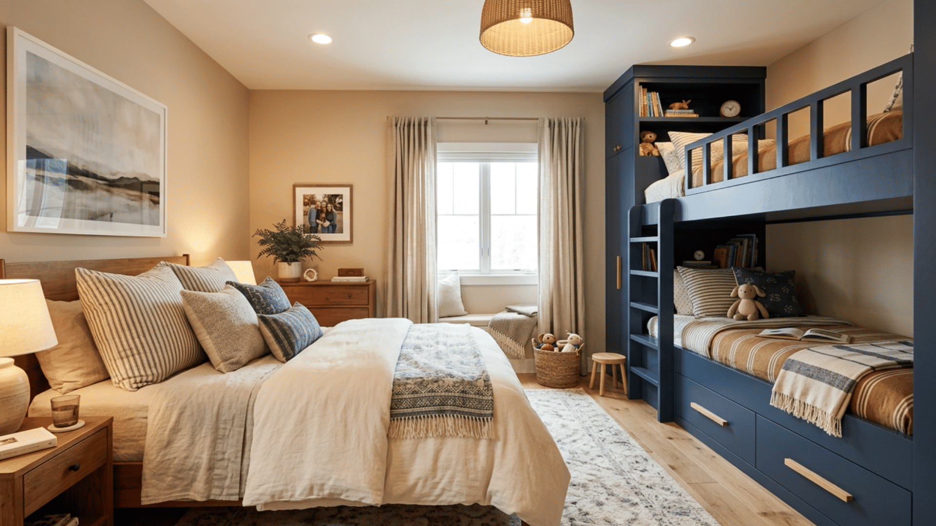 guest bedroom with bunk beds, cozy layered bedding, smart storage, and warm modern space-saving interior design.