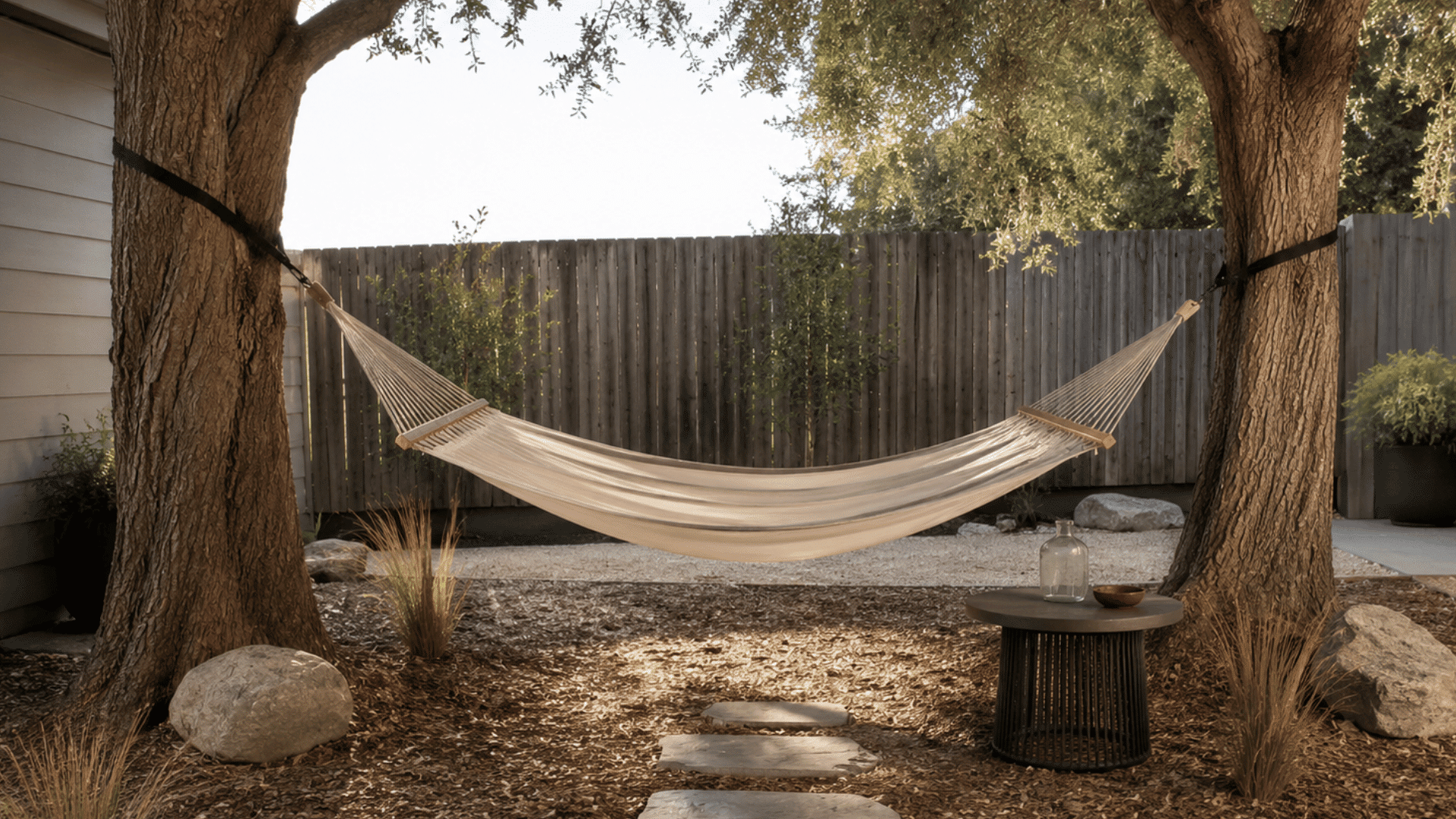 hammock retreat under shade trees with stone pathway and backyard setting in daylight