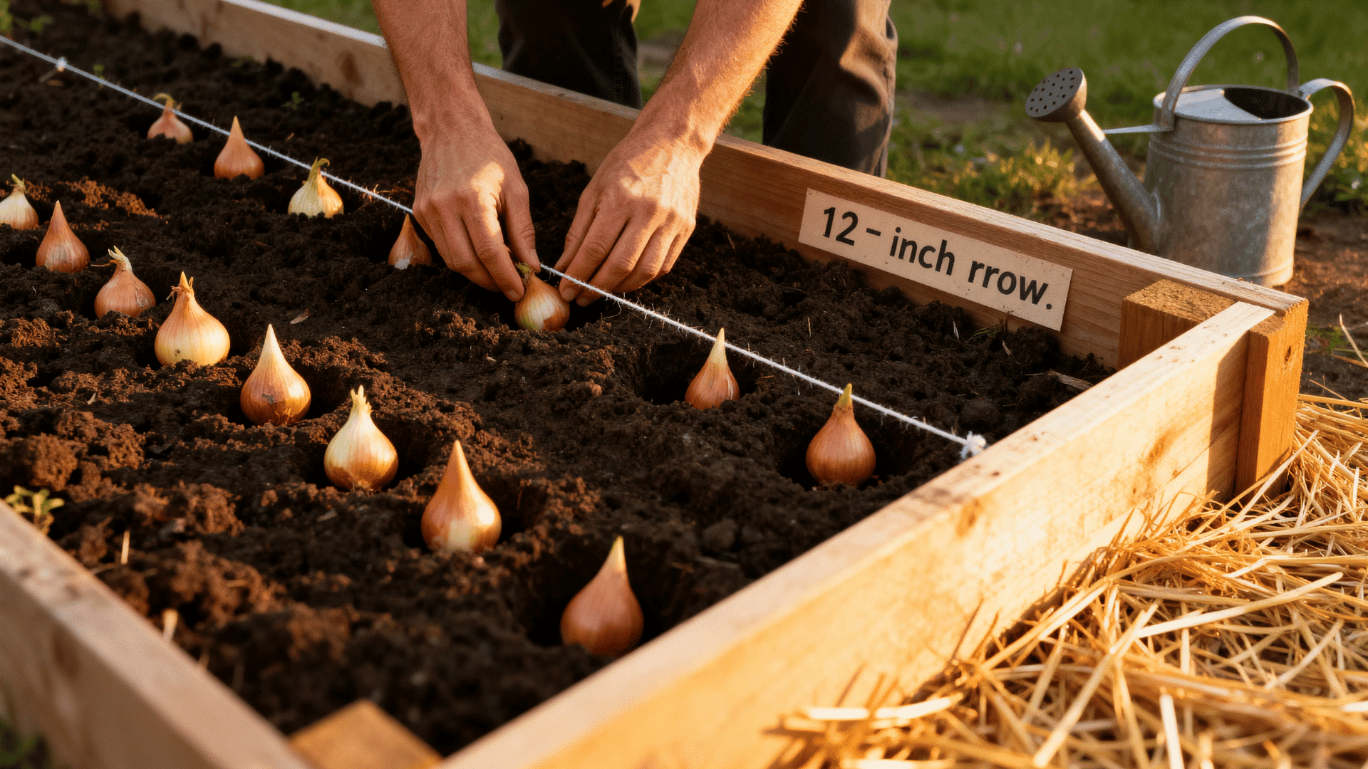 hands planting onion sets pointy-end up in rows in a raised wooden bed with a string guide, straw mulch, and a watering can.