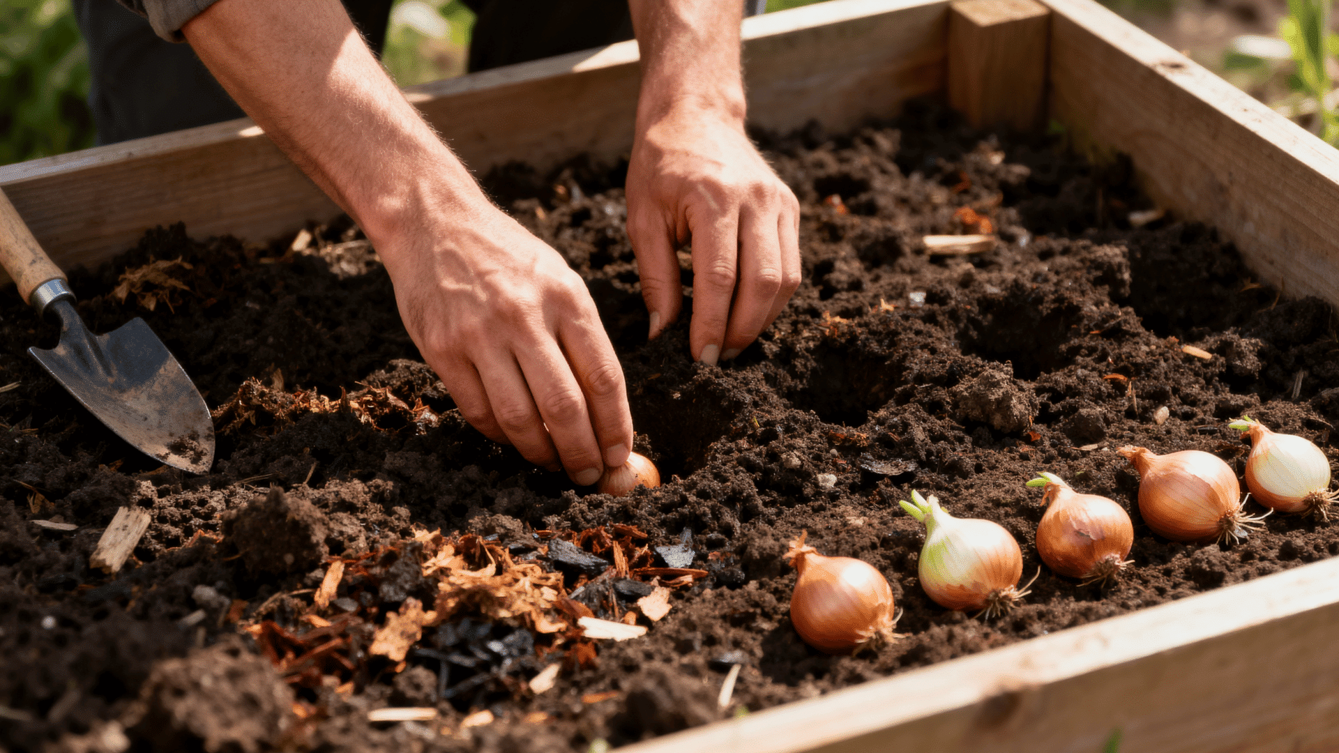 hands pressing onion sets into dark, rich soil in a wooden raised garden bed, with a trowel and onion bulbs nearby.