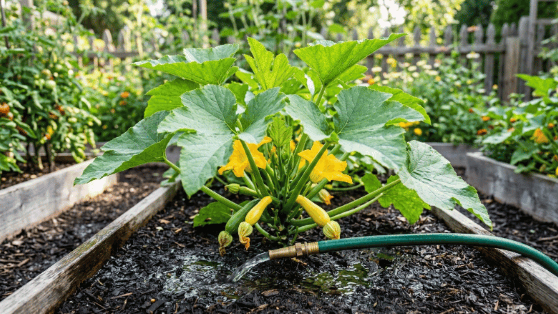 healthy summer squash plant being watered at soil level in a sunny backyard vegetable garden
