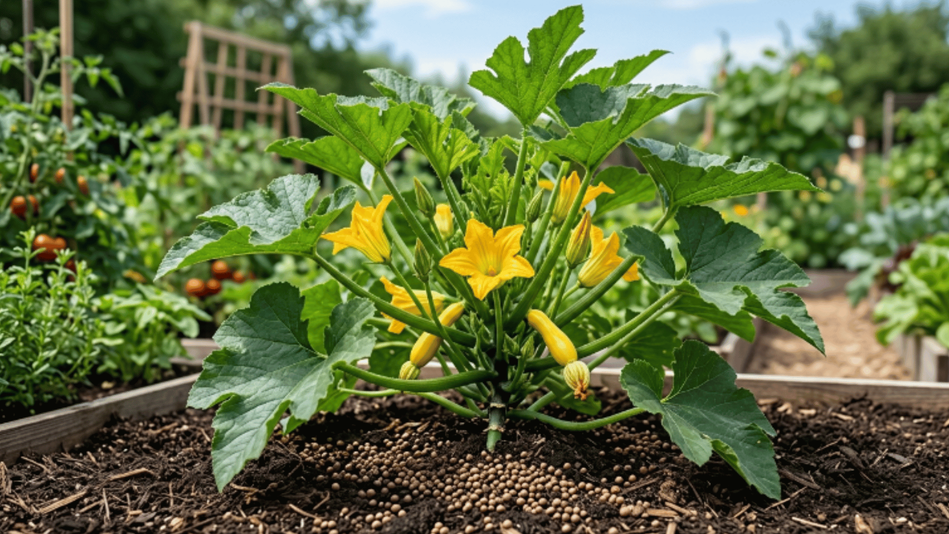 healthy summer squash plant with fertilizer around roots in a productive home garden