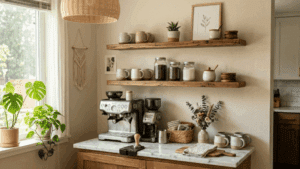home coffee bar with wooden shelves, espresso machine, mugs, plants, and warm kitchen lighting