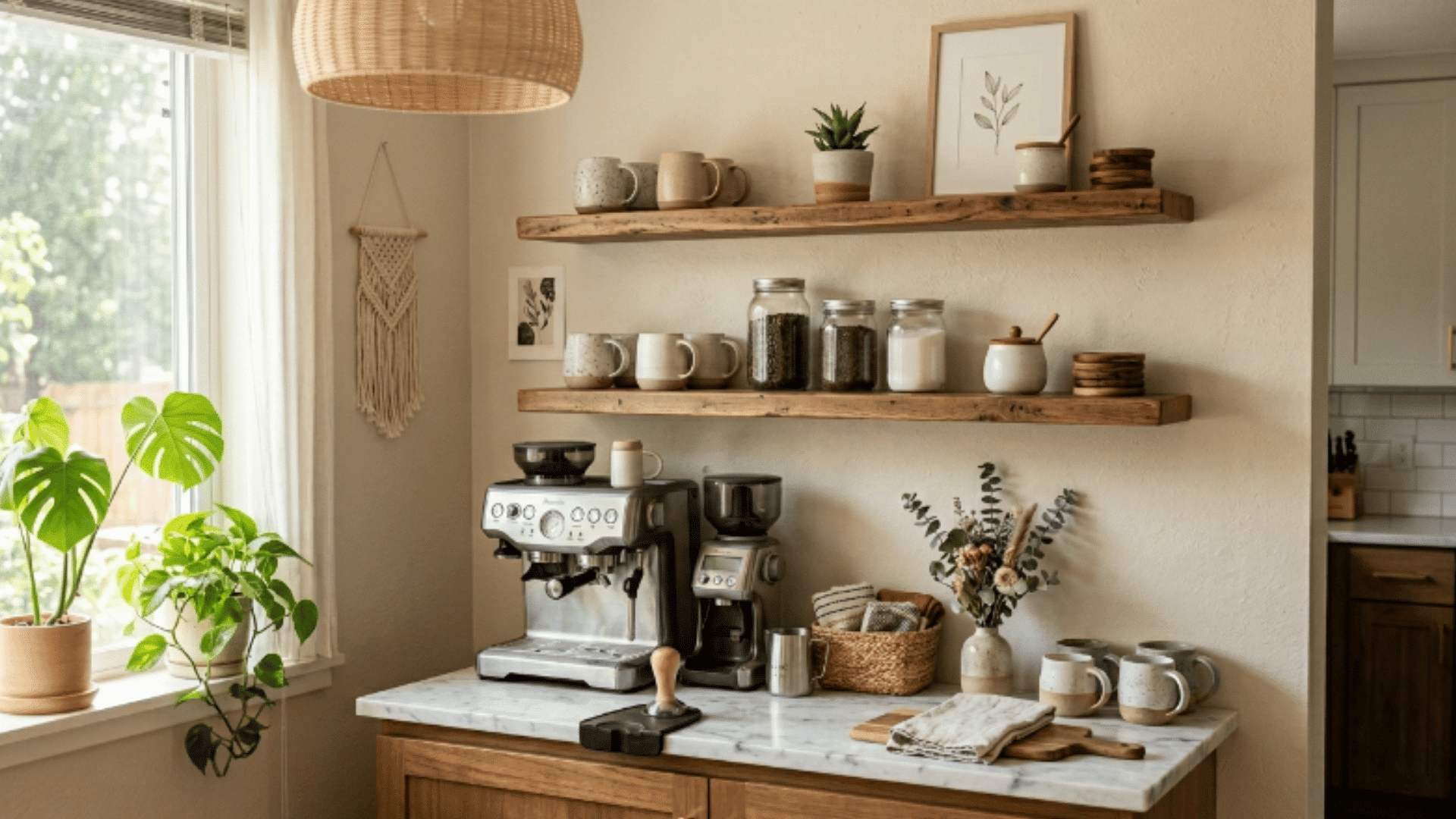home coffee bar with wooden shelves, espresso machine, mugs, plants, and warm kitchen lighting