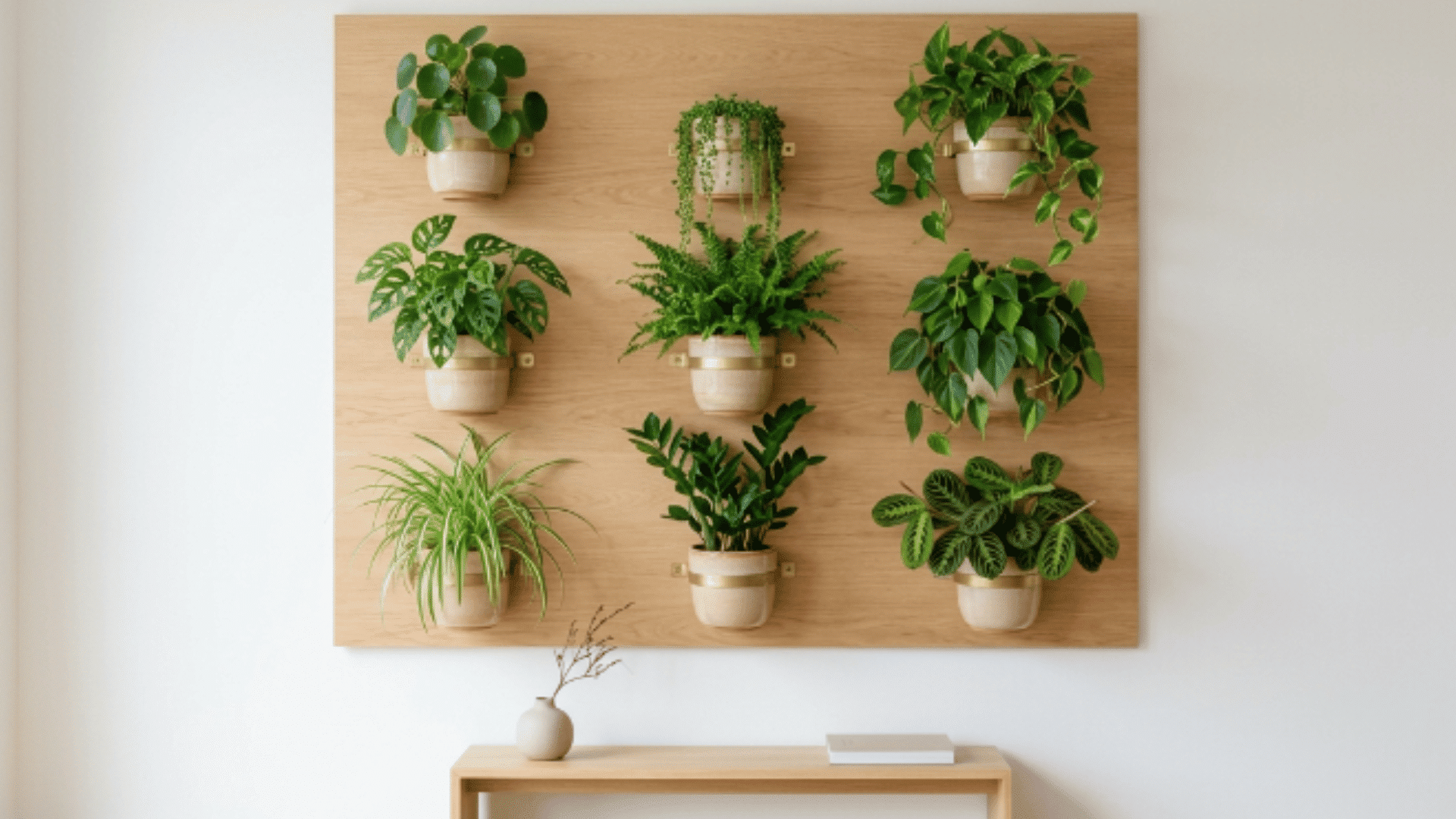 indoor plant wall with mounted greenery arranged on a wooden panel indoors