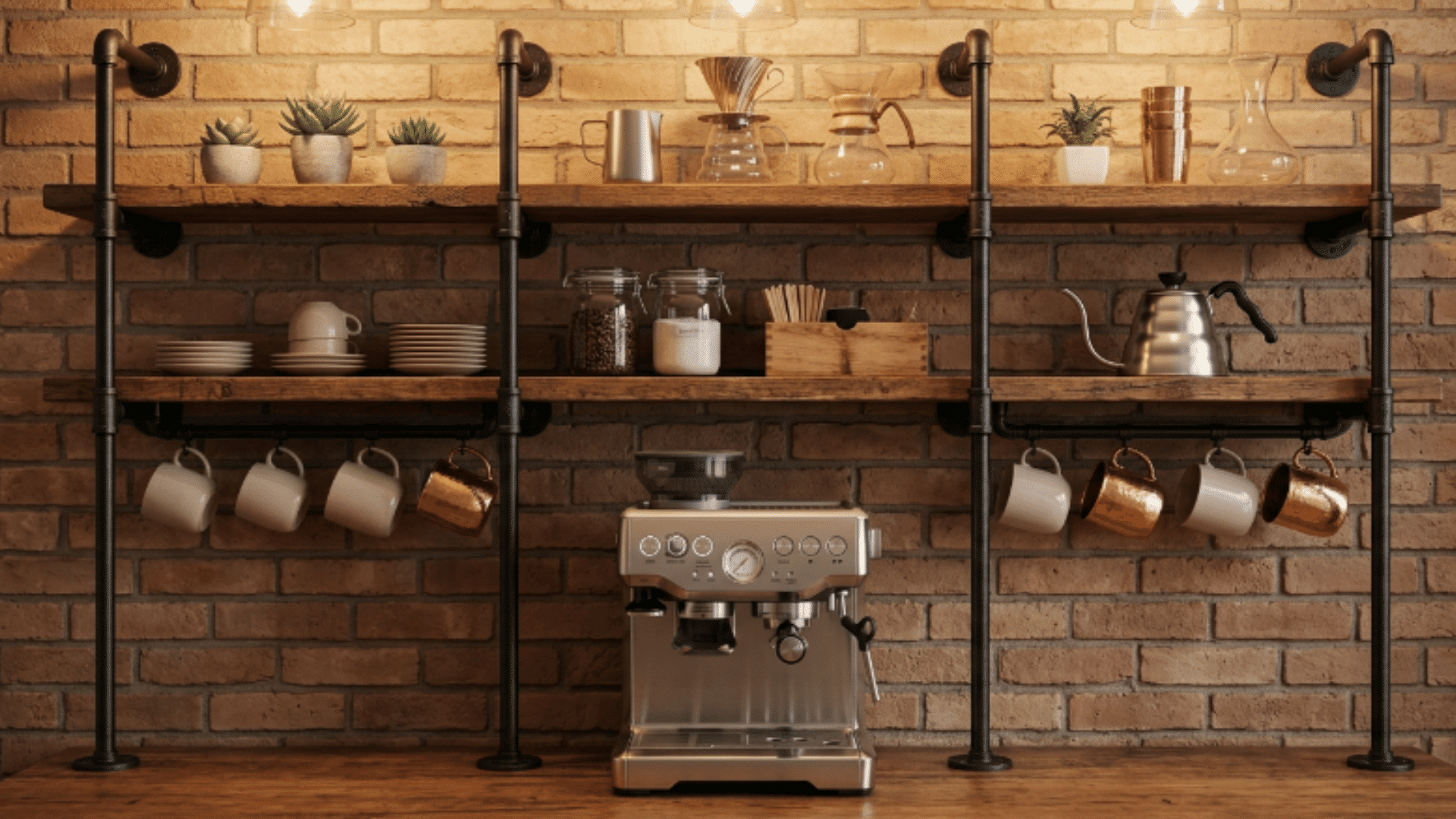 industrial pipe shelf espresso bar with wooden shelves mugs and coffee machine