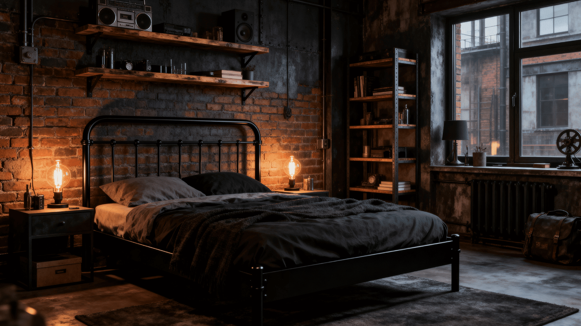 industrial style men’s bedroom with exposed brick walls, metal bed frame, wood shelves, and warm lighting.