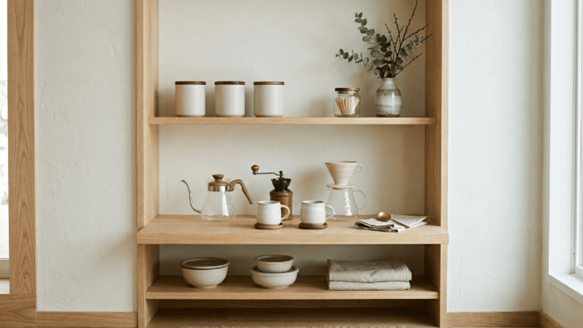 japanese minimalist coffee nook with wooden shelves neutral decor and coffee setup