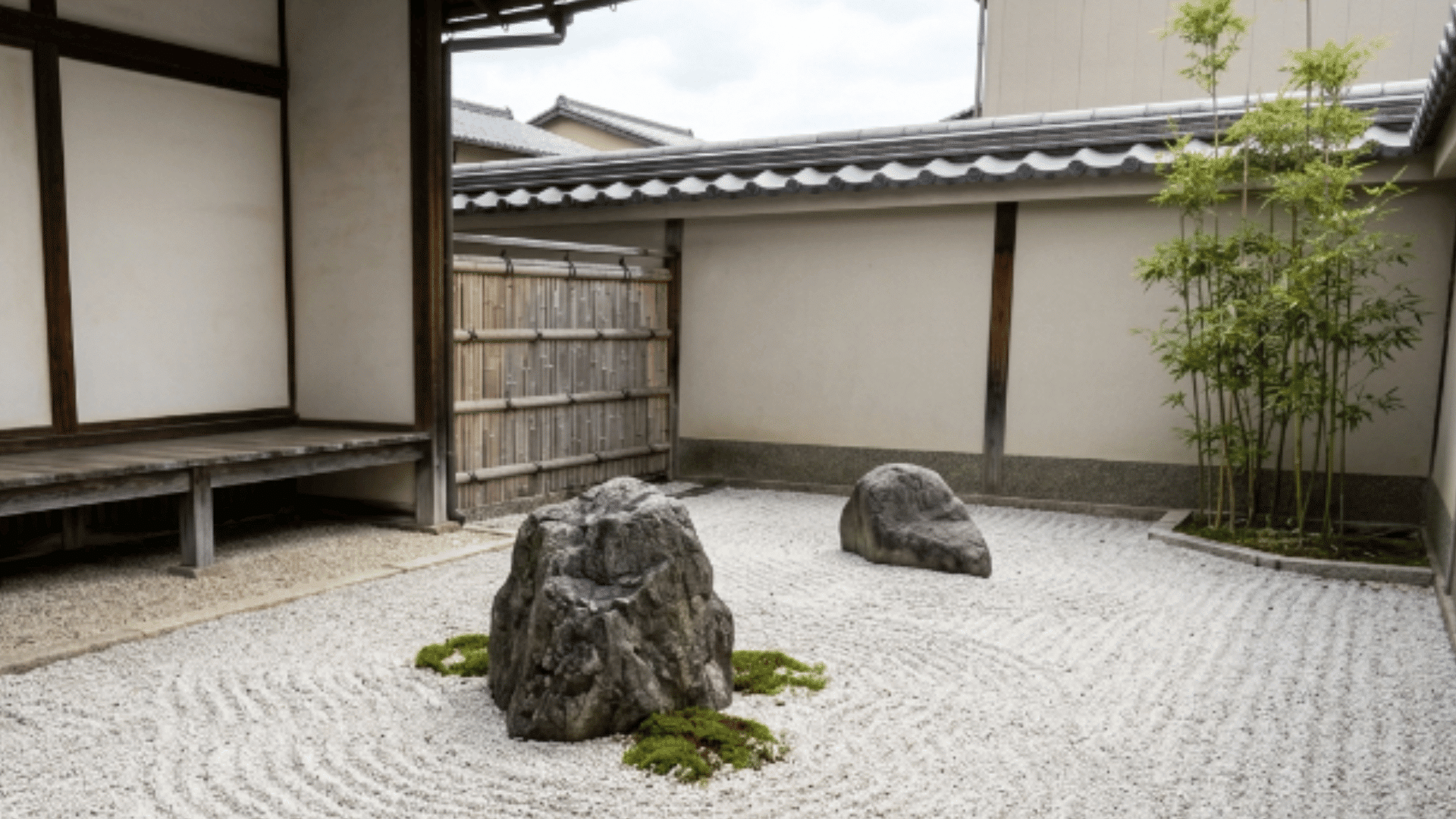 japanese zen courtyard with raked sand, flat stones, and minimal plants in daylight
