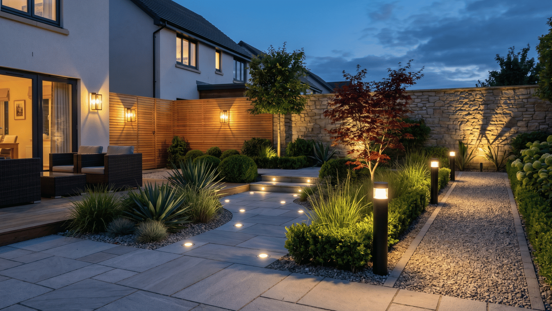 layered garden lighting layout with pathway lights and modern backyard design at dusk