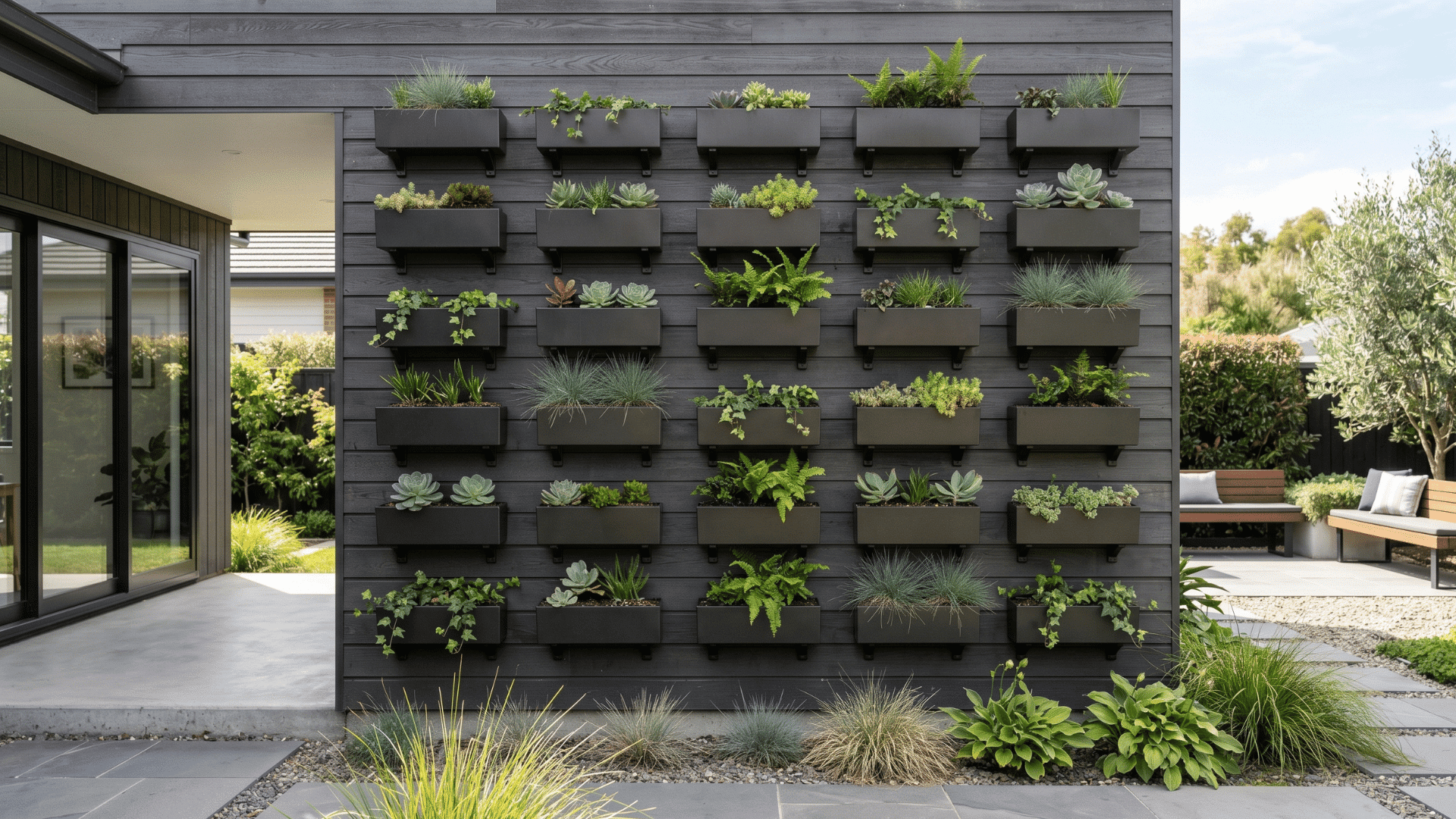 living wall garden with mounted planters and modern vertical backyard design in daylight