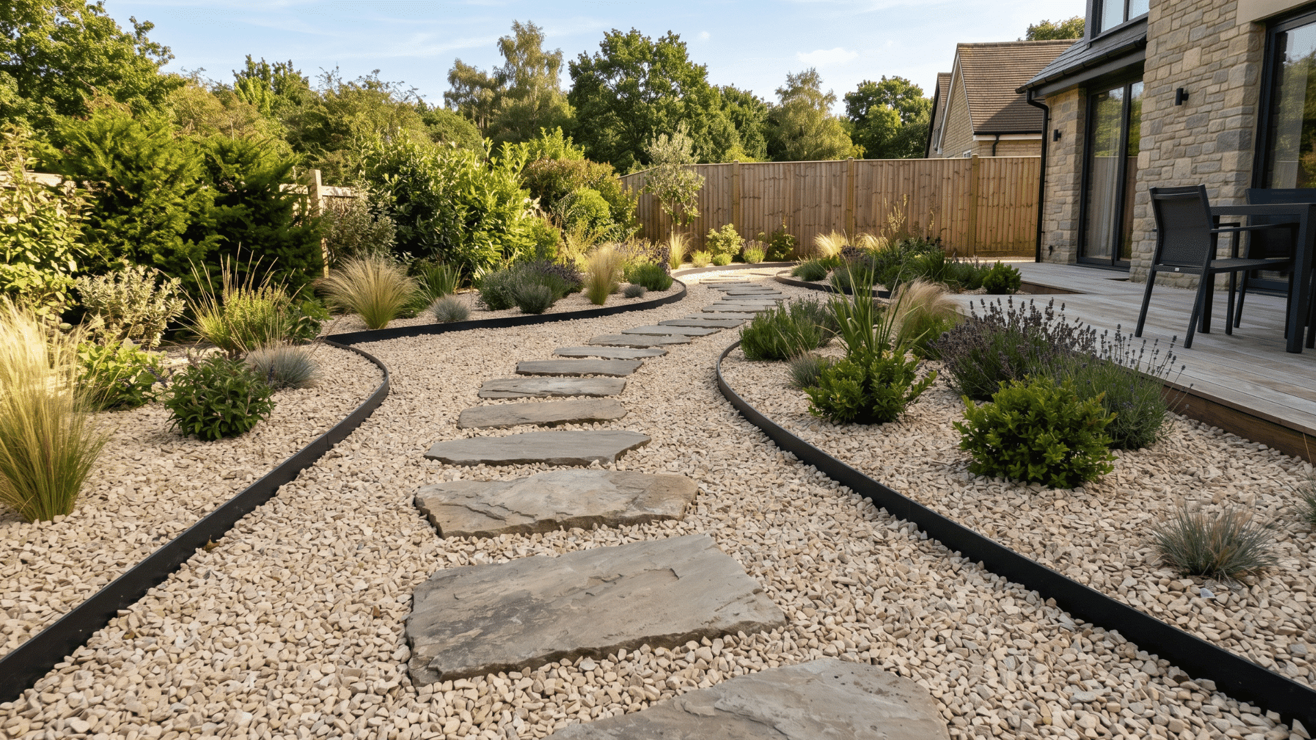 low-maintenance gravel garden with stepping stones and minimal plants in bright daylight