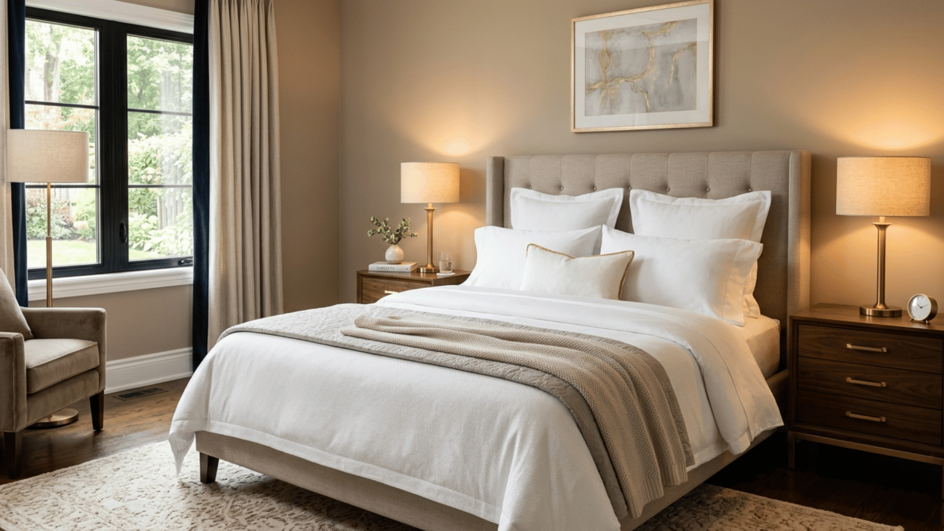 luxury hotel-style guest bedroom with layered white bedding, warm lighting, and elegant cozy decor details.