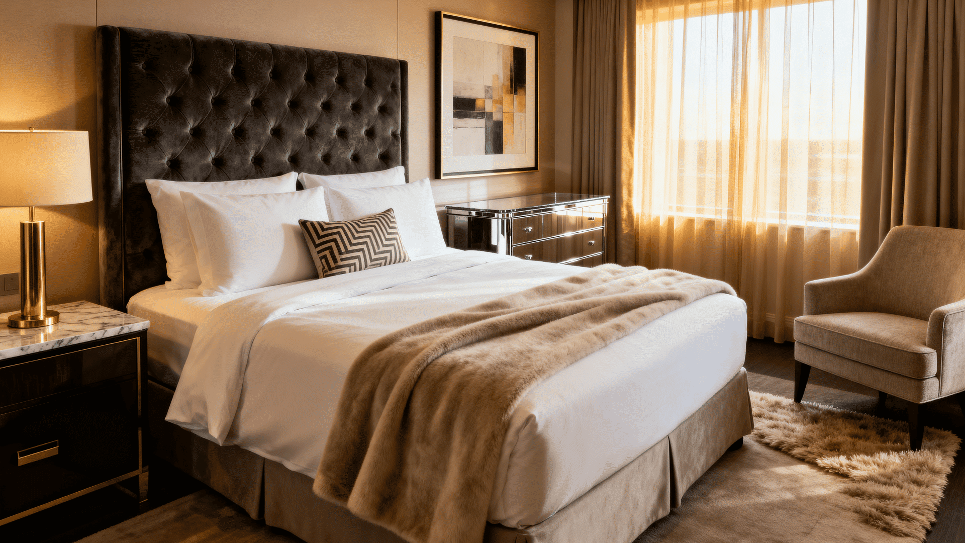 luxury hotel-style men’s bedroom with layered bedding, warm lighting, neutral decor, and soft textures.