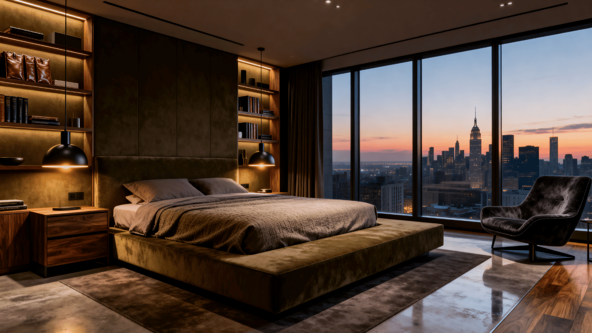 luxury men’s penthouse bedroom with city skyline view, warm lighting, modern furniture, and cozy upscale decor.