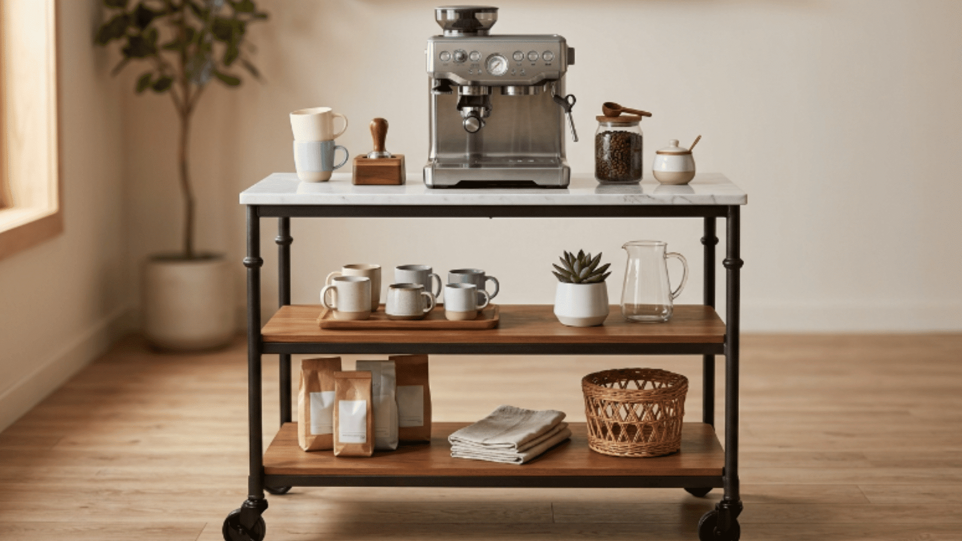 marble topped coffee cart with rolling shelves mugs jars and coffee machine