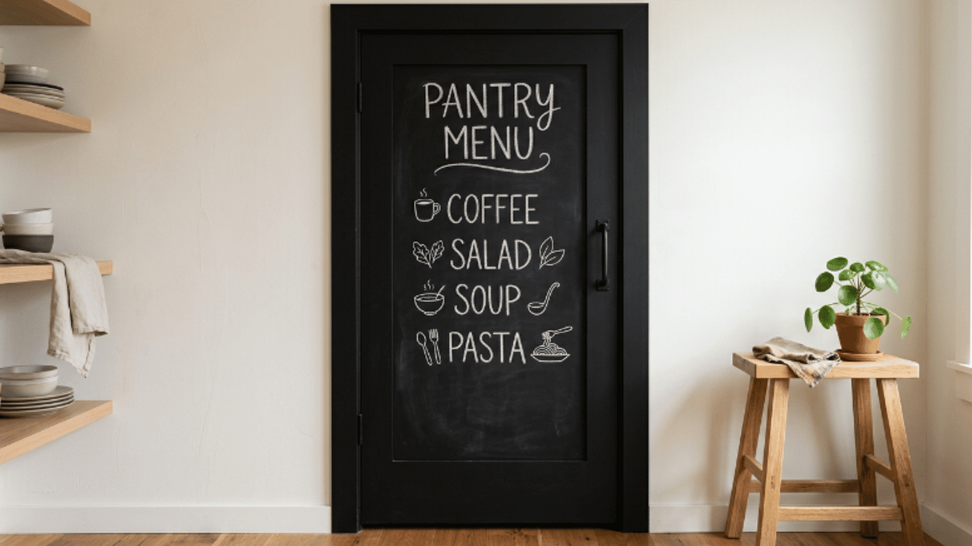 matte black pantry door with chalkboard paint in a clean kitchen setup