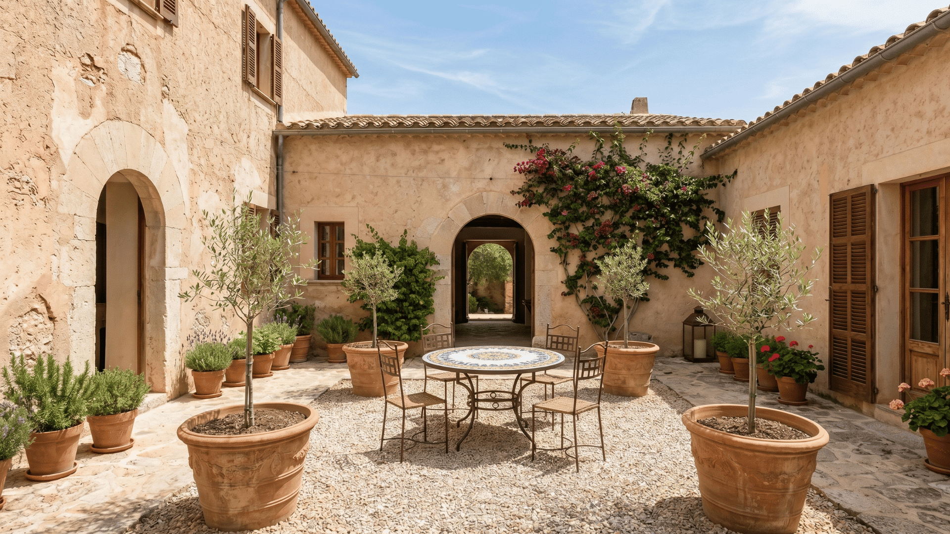 mediterranean courtyard with olive trees, gravel flooring, and warm walls in daylight