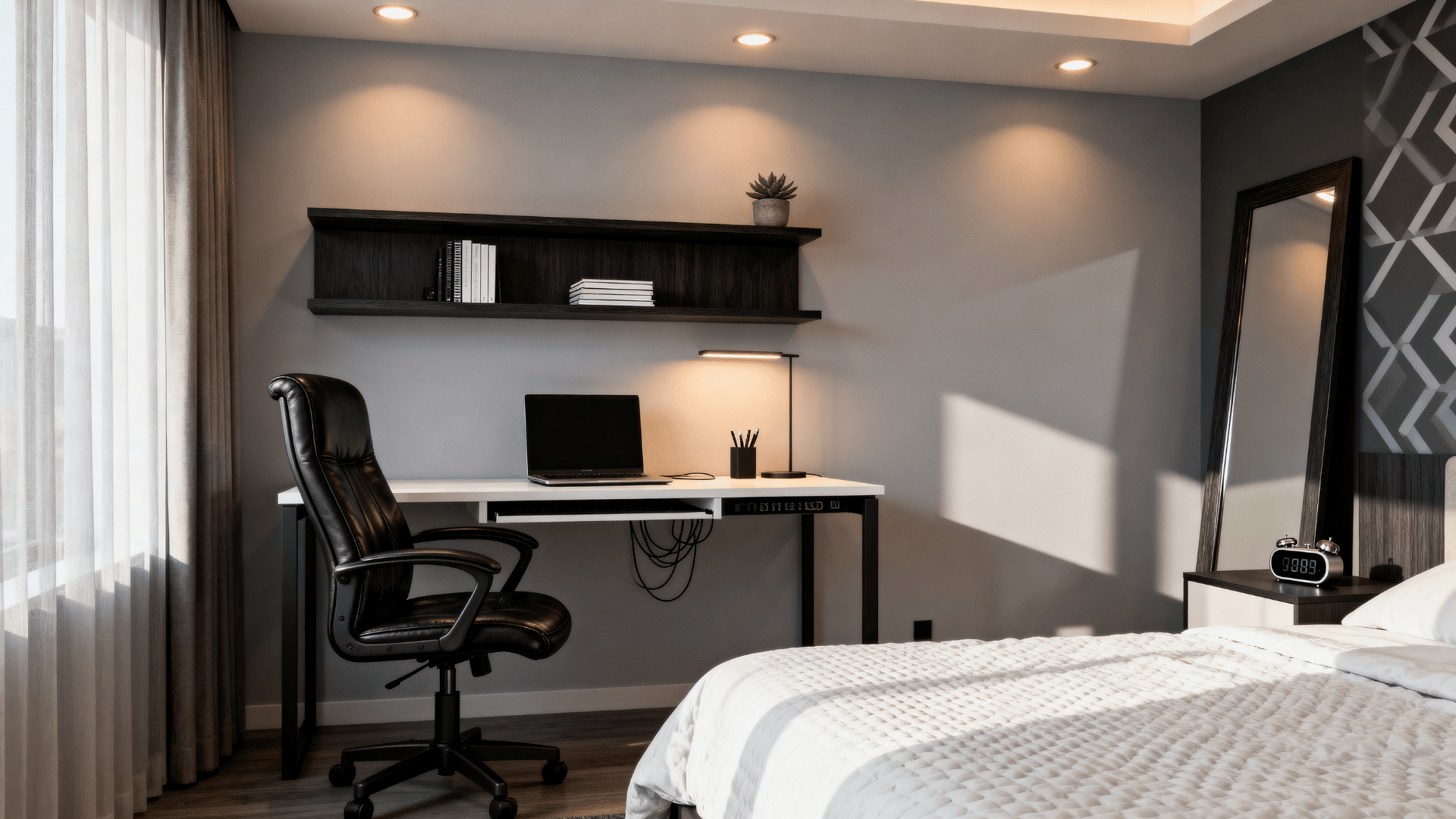 men’s bedroom with work setup, modern desk, floating shelves, cozy lighting, and clean organized decor.